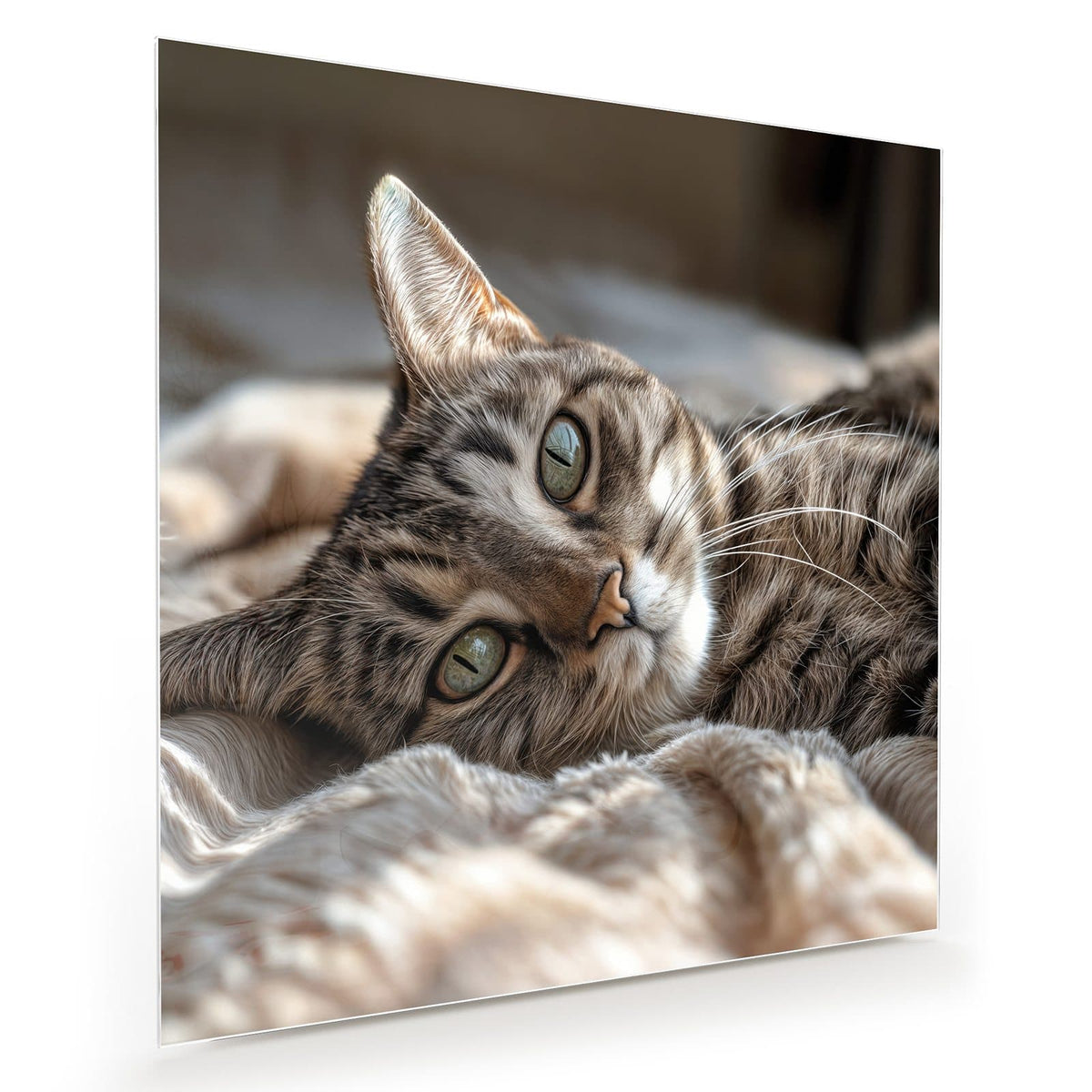 Getigerte Katze liegt entspannt auf einer hellen Decke und blickt zur Seite