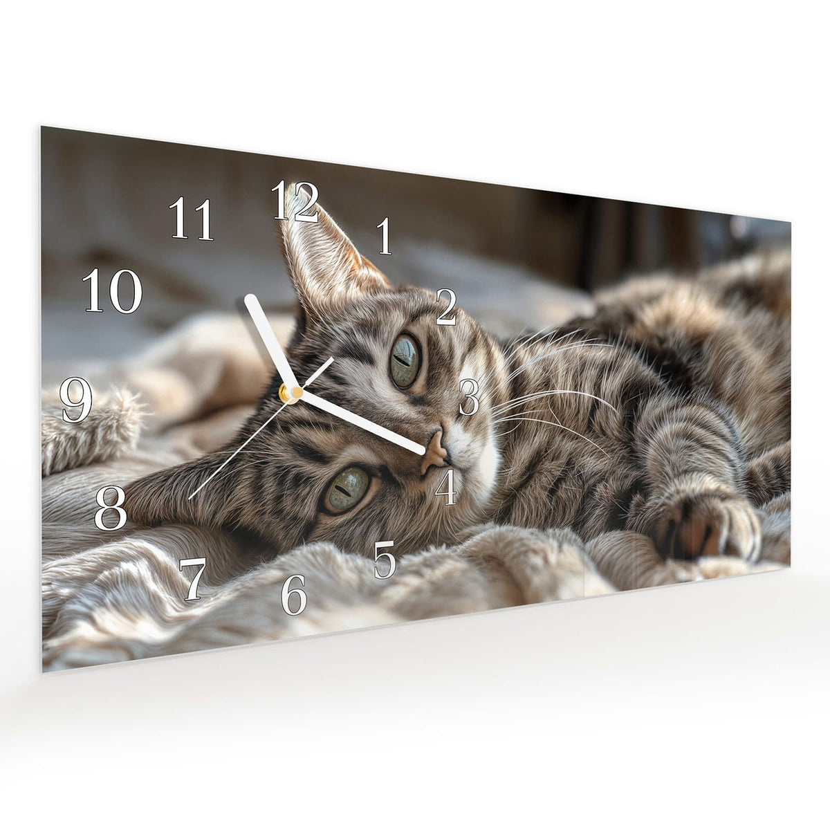 Vormontiert – mit Schwebeeffekt – Wanduhr Gemütliche Katze aus Glas – Querformat 60 × 30 cm