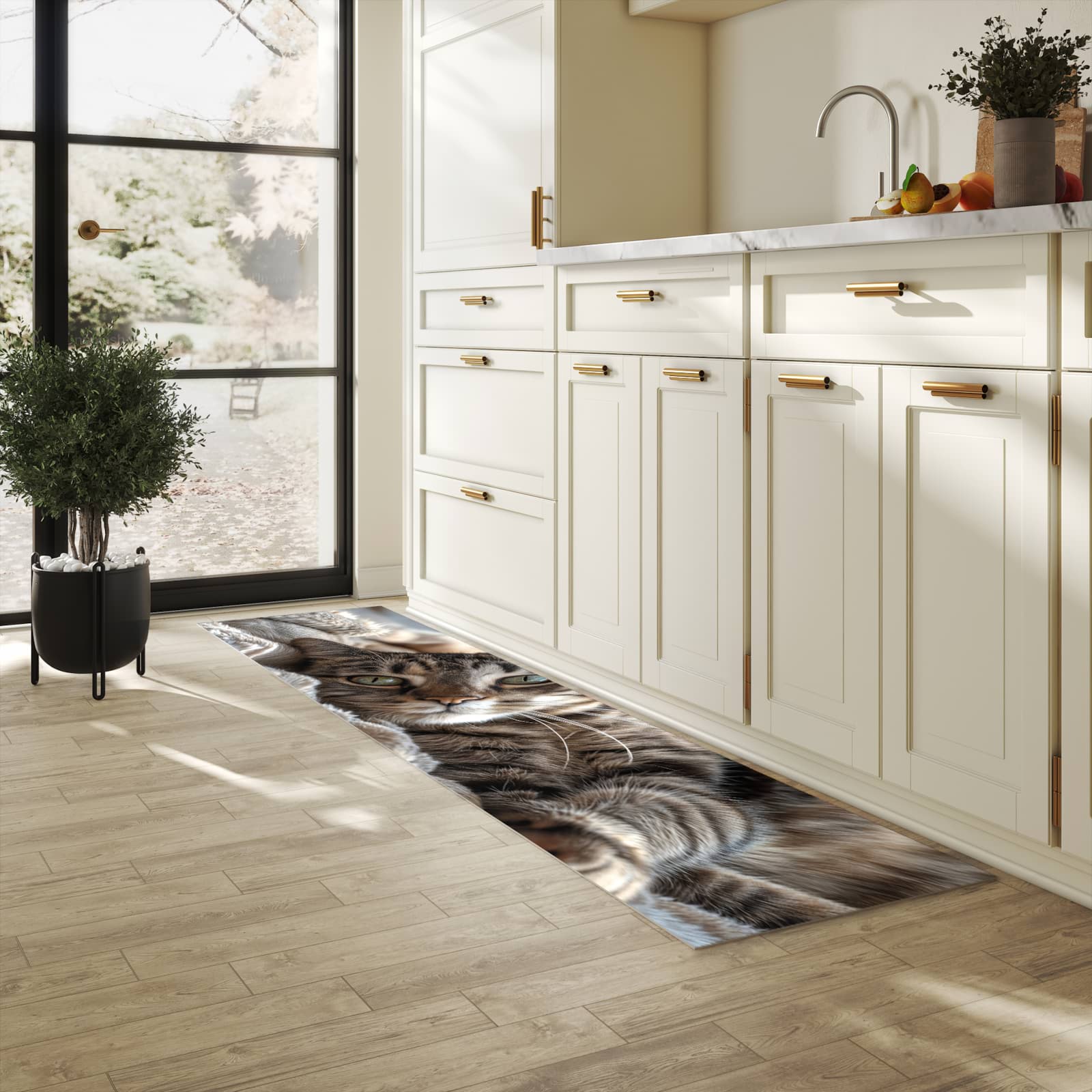 Strapazierfähiger Küchenteppich mit Motiv Gemütliche Katze in heller Küche