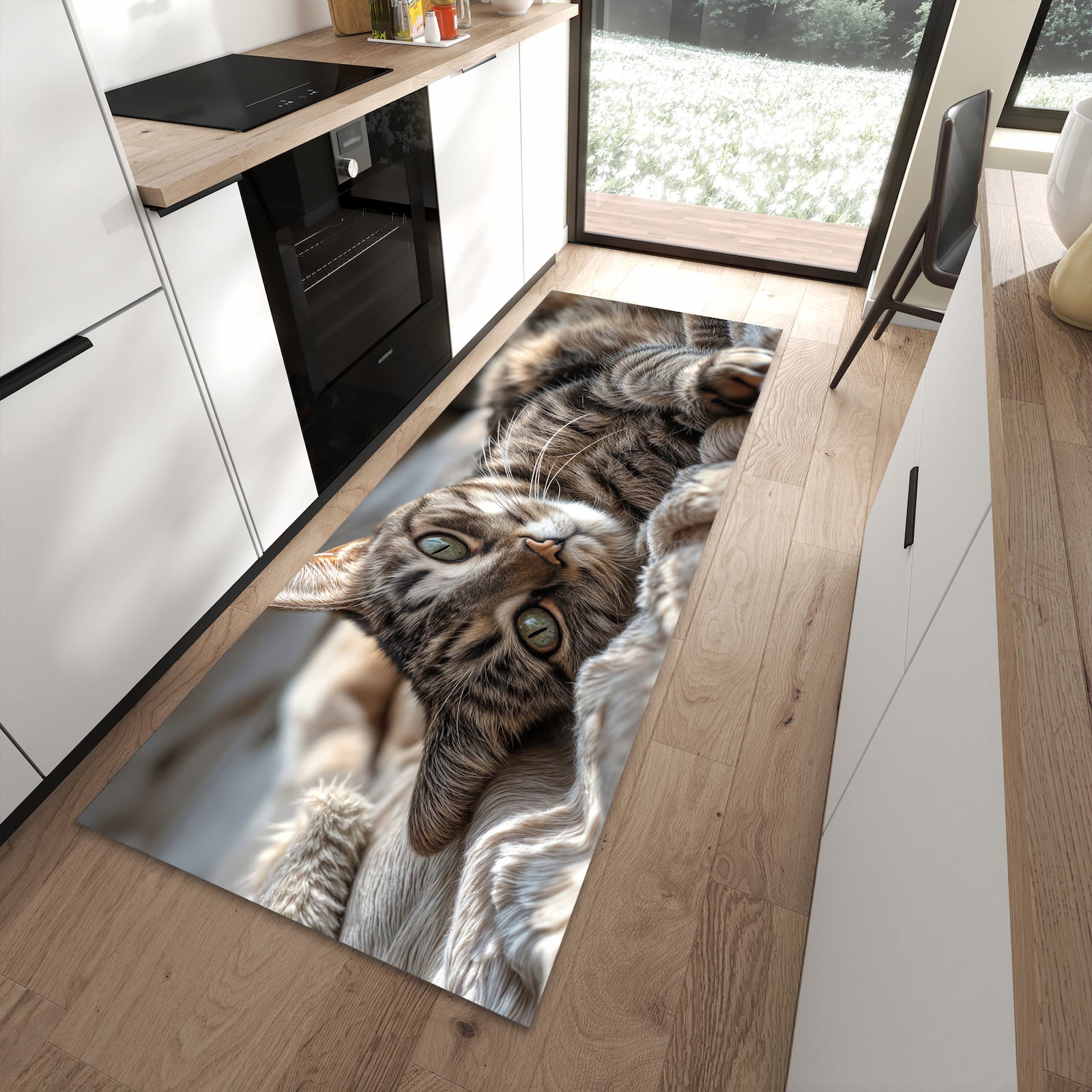 Pflegeleichter waschbarer Küchenteppich mit Motiv Gemütliche Katze in moderner Küche