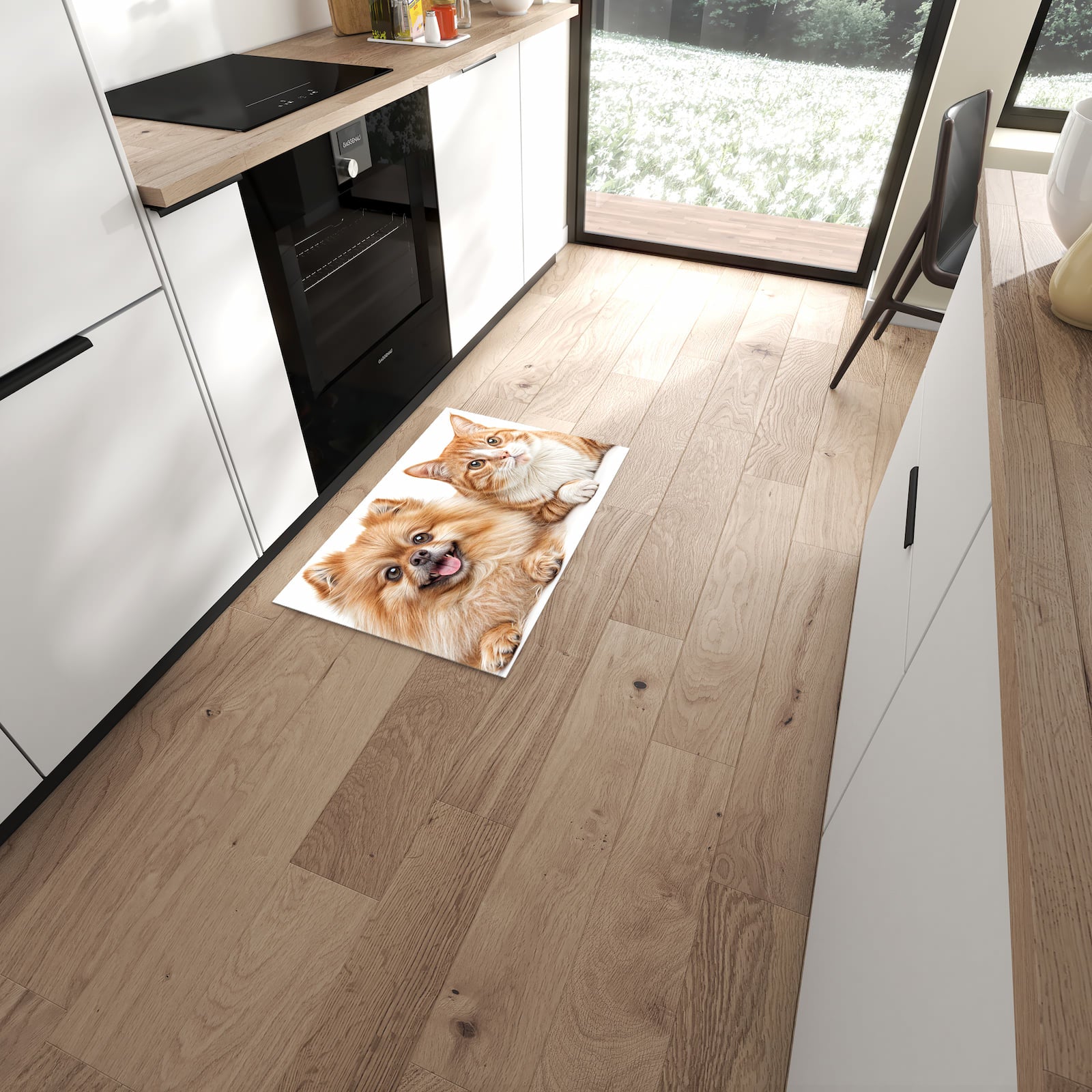 Rutschfester waschbarer Küchenläufer mit Motiv Hund und Katze in moderner Küche