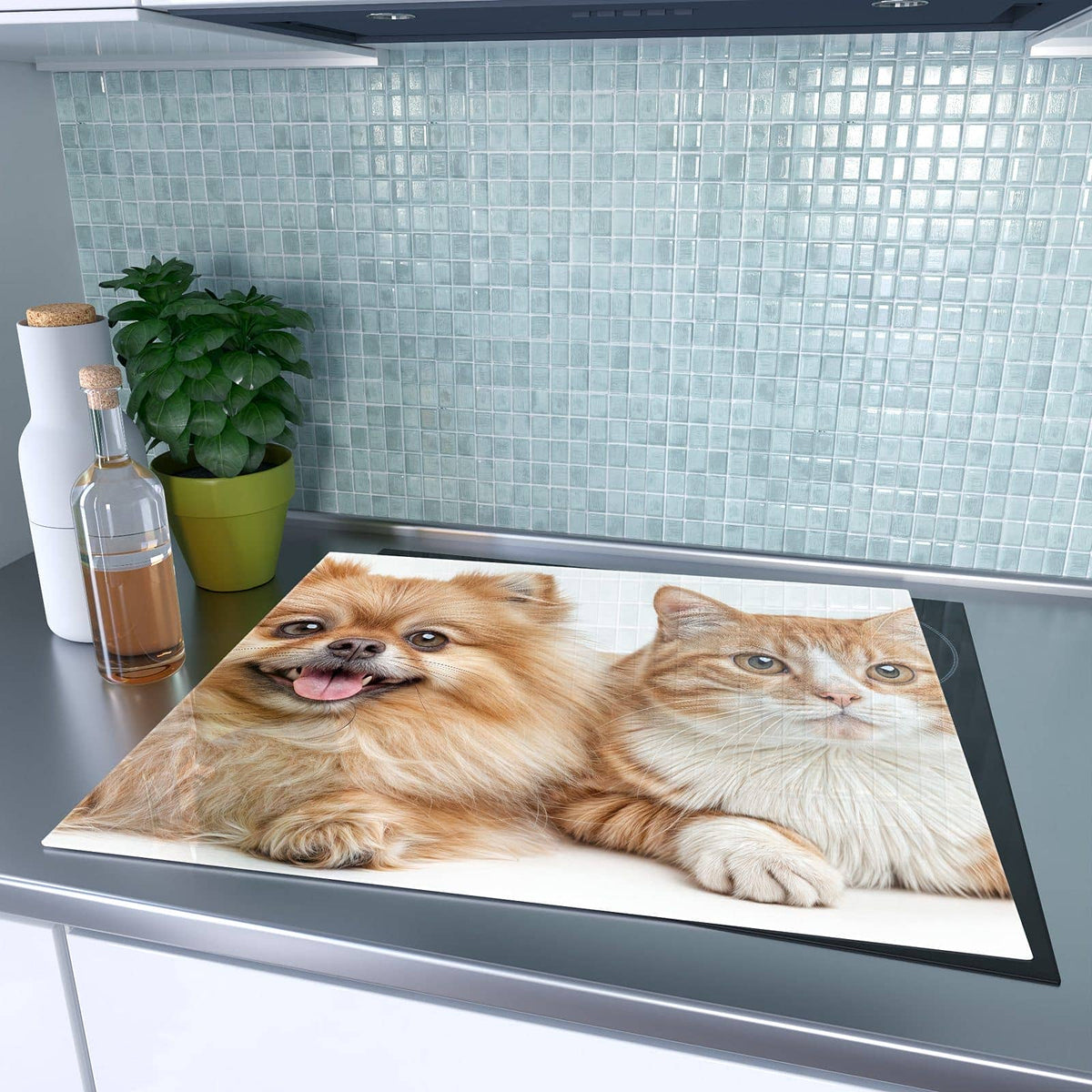1-teilige Abdeckplatten für Ceranfeld mit Hund und Katze-Motiv auf dem Ceranfeld