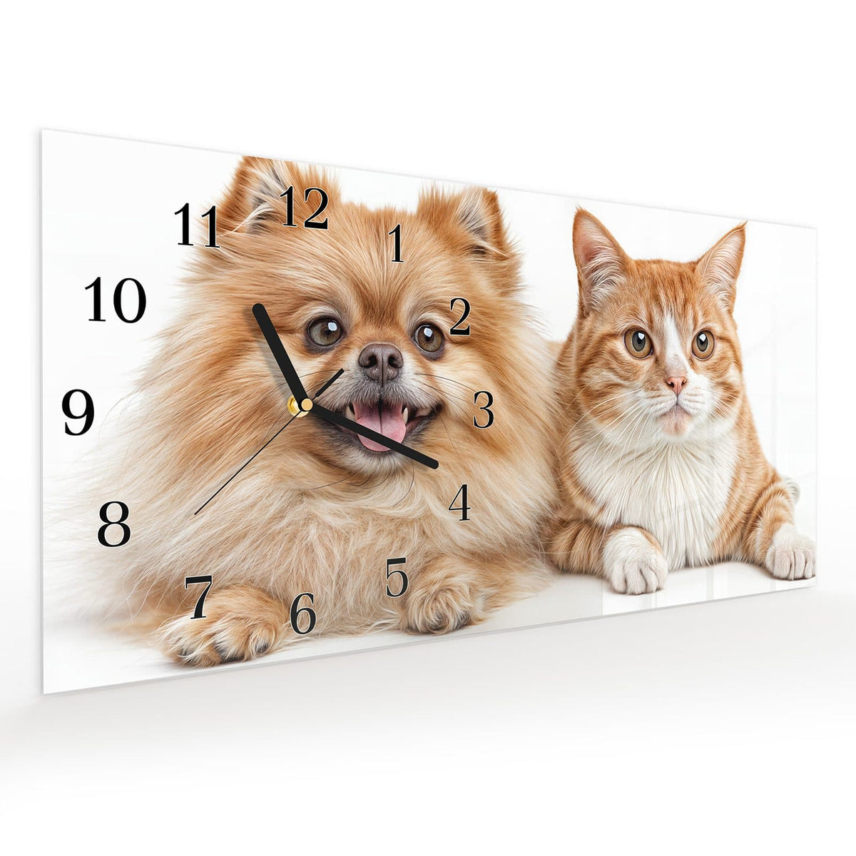 Vormontiert – mit Schwebeeffekt – Wanduhr Hund und Katze aus Glas – Querformat 60 × 30 cm