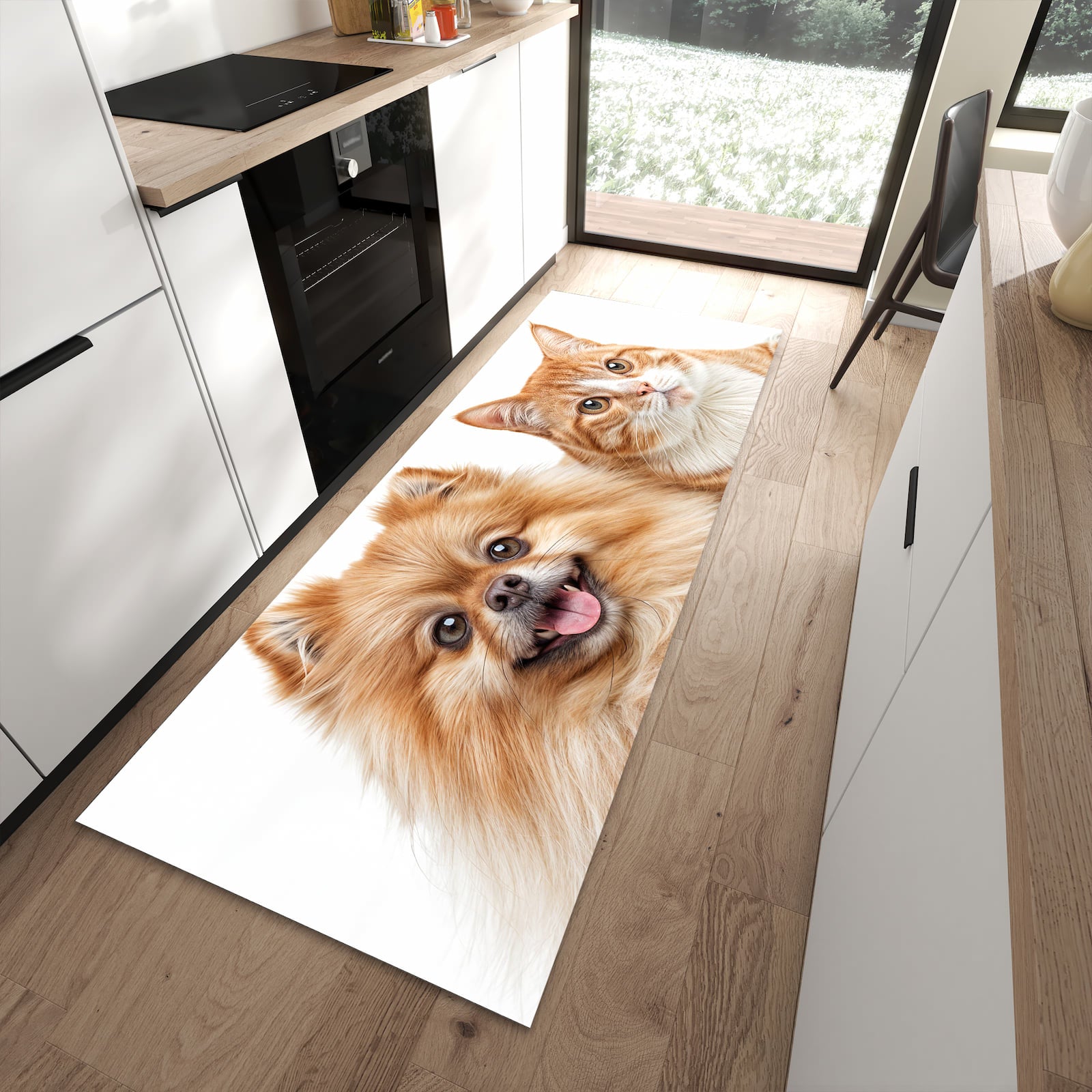 Formstabiler rutschfester Küchenteppich mit Motiv Hund und Katze in moderner Küche