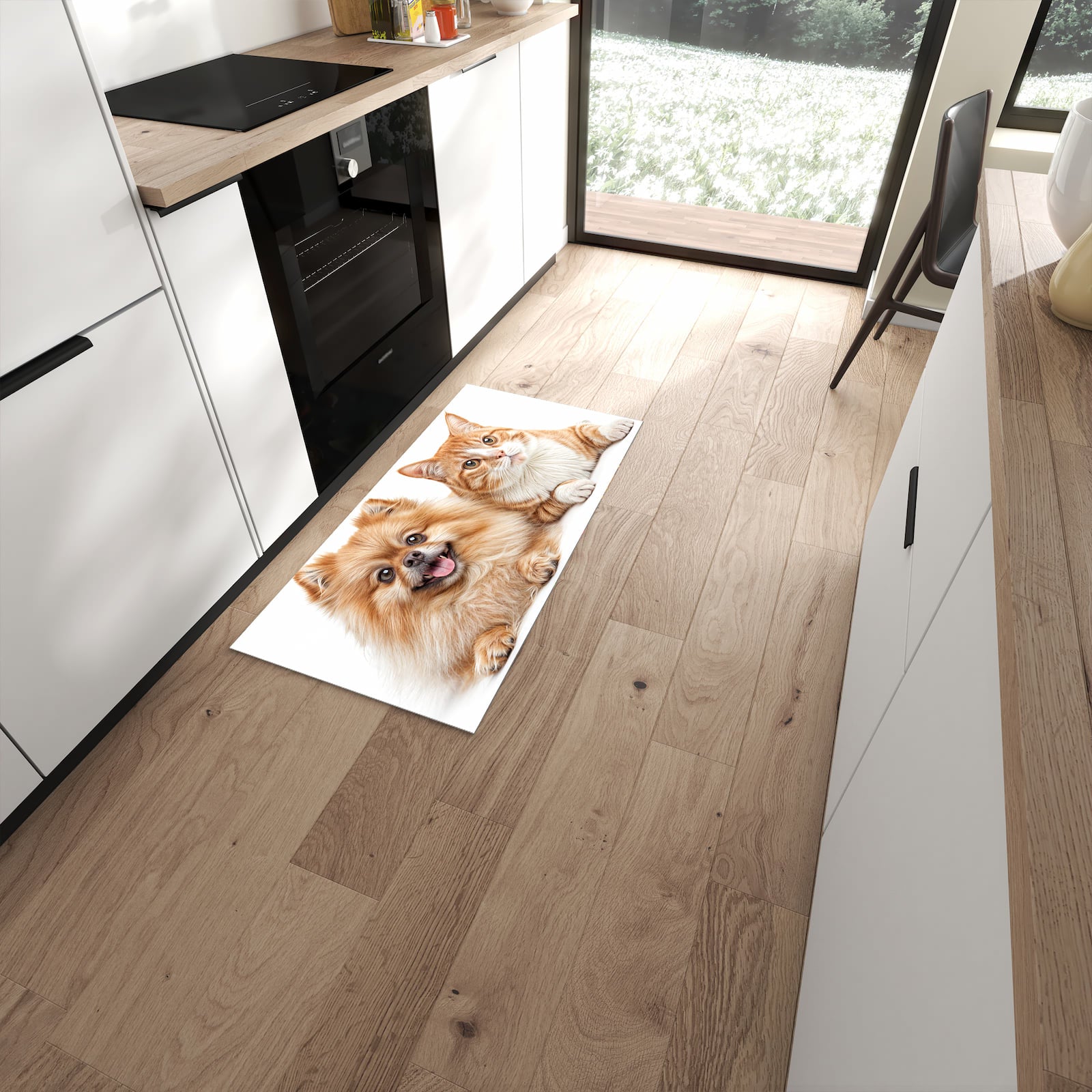 Pflegeleichter Küchenläufer mit Motiv Hund und Katze in moderner Küche #grösse_60 x 120 cm