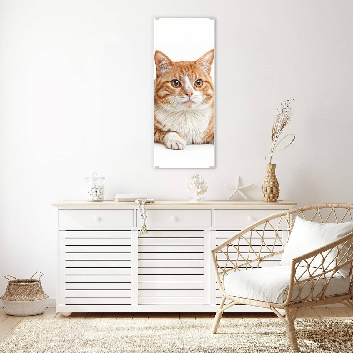 Wandbild - Spitz und Katze - Hochformat – Orange Katze neben kleinem Hund