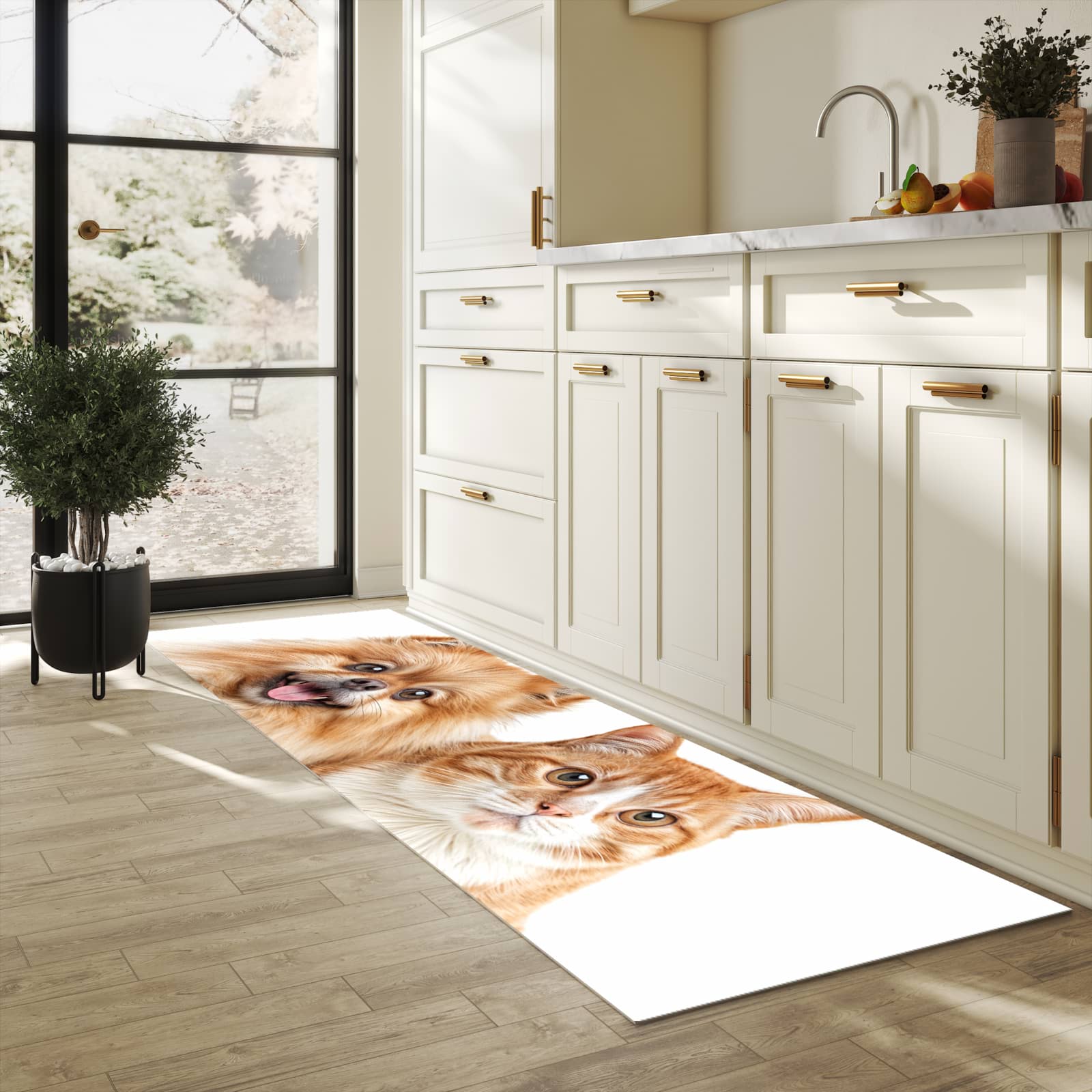 Langlebiger waschbarer Küchenläufer mit Motiv Hund und Katze in heller Küche