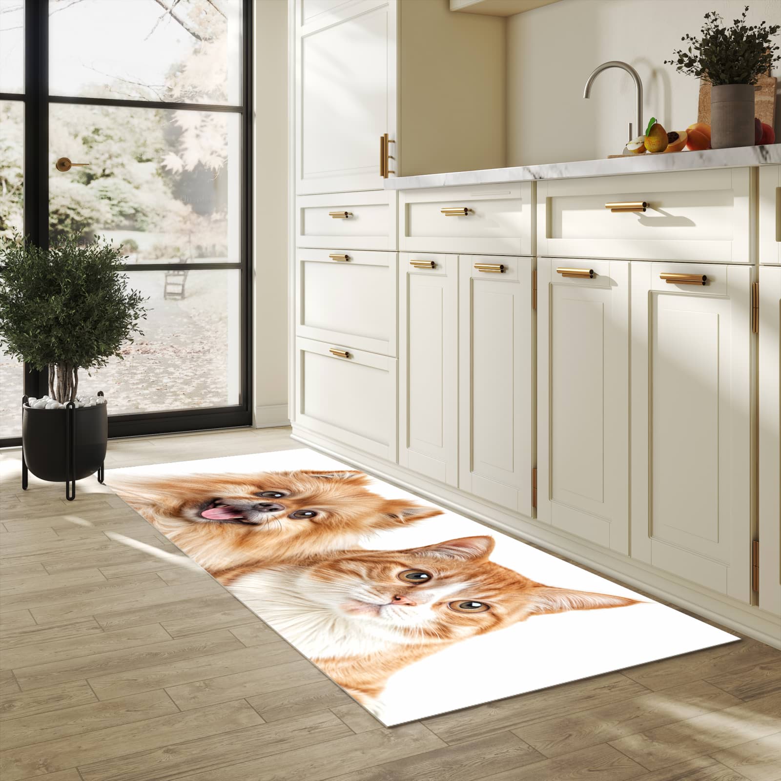 Komfortabler Küchenläufer nach Maß mit Motiv Hund und Katze in heller Küche