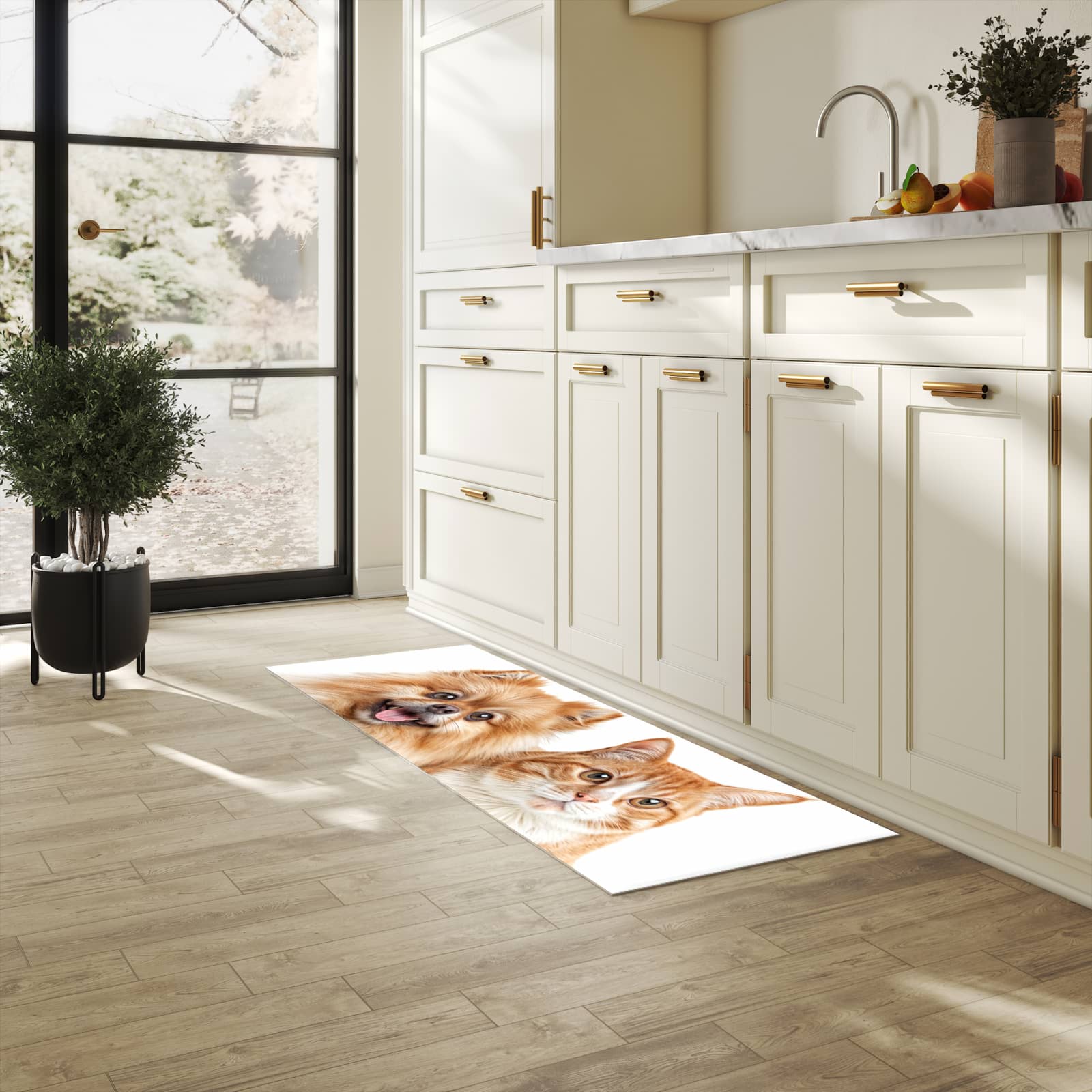 Abriebfester Küchenteppich mit Motiv Hund und Katze in heller Küche