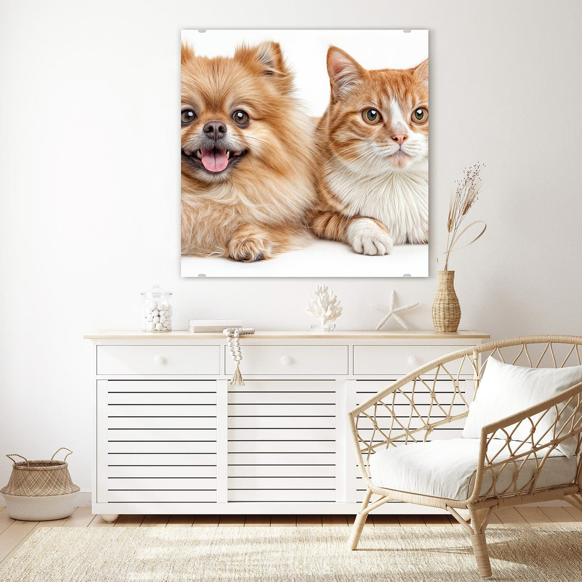 Echtglas, 4 mm – kein Acryl, keine Folie – Wandbild - Spitz und Katze - Quadratisch