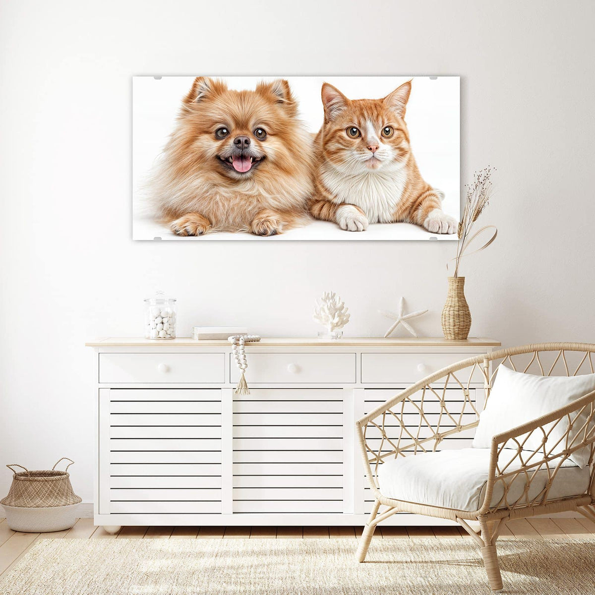 Echtglas, 4 mm – kein Acryl, keine Folie – Wandbild - Spitz und Katze - Querformat