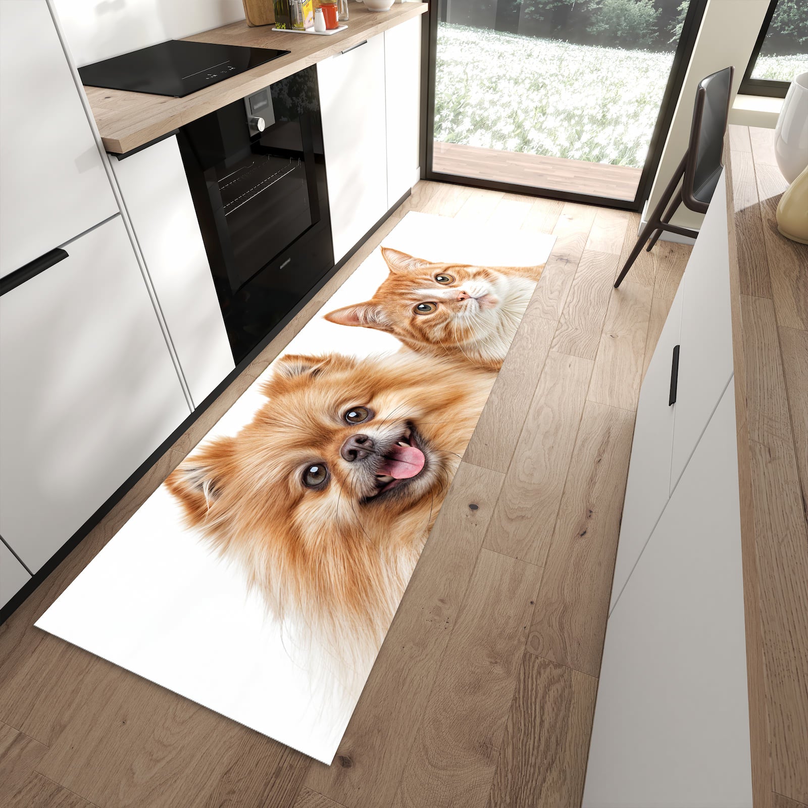 Bodenschonender langer Teppich mit Motiv Hund und Katze in moderner Küche