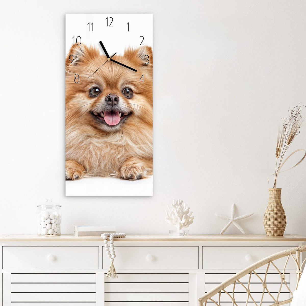 Wanduhr Hund und Katze aus Glas – Orange Katze neben kleinem Hund
