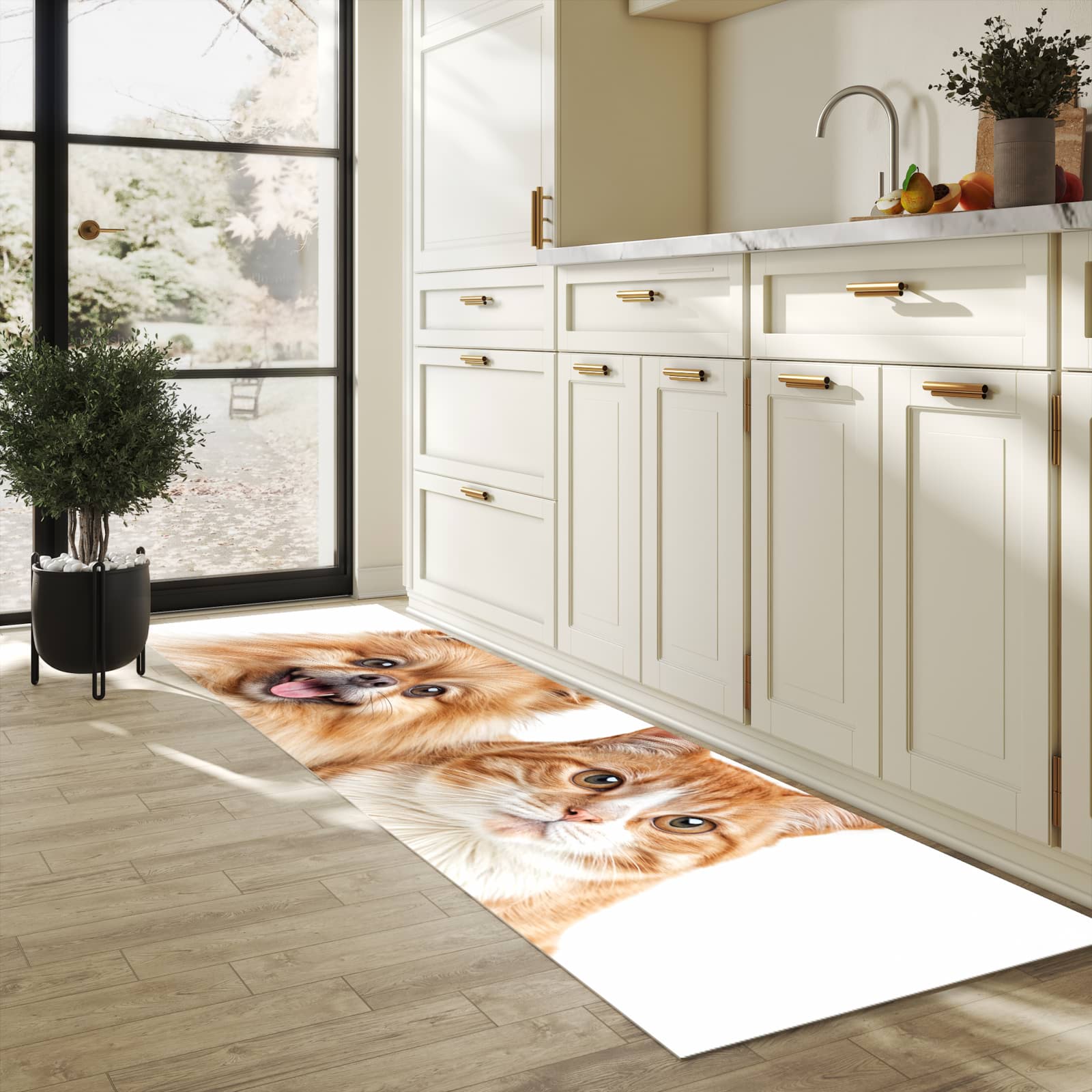 Flacher rutschfester Küchenläufer mit Motiv Hund und Katze in heller Küche