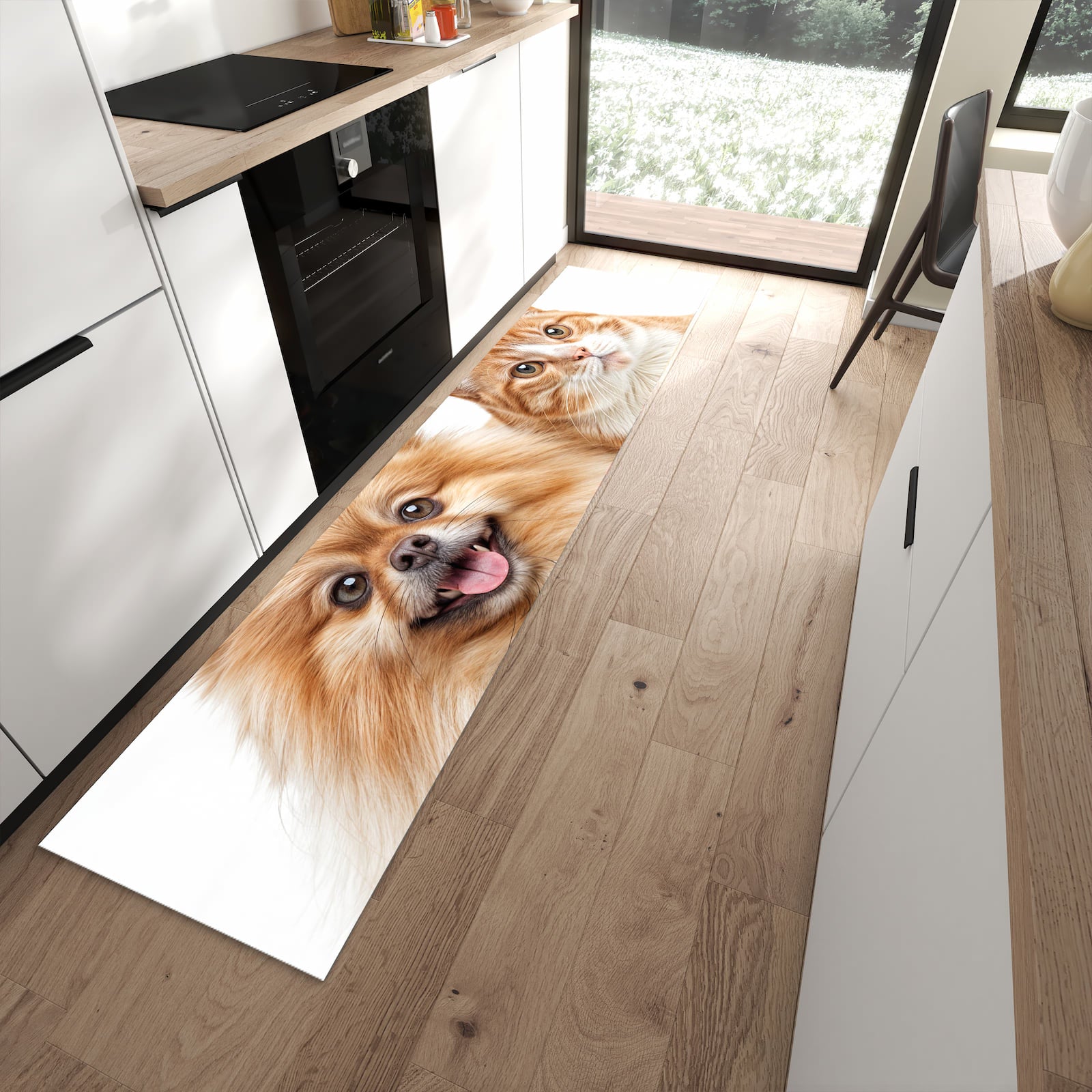 Waschbarer Küchenläufer mit Motiv Hund und Katze in moderner Küche