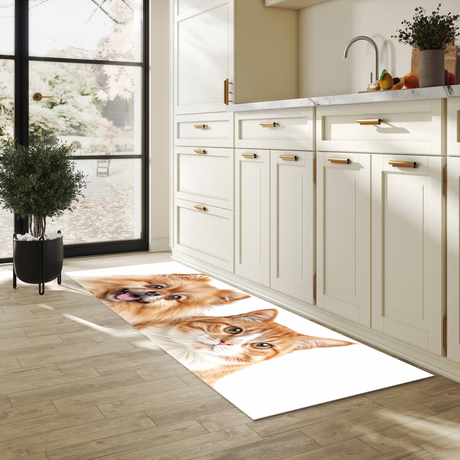 Geruchsneutraler rutschfester Küchenläufer mit Motiv Hund und Katze in heller Küche