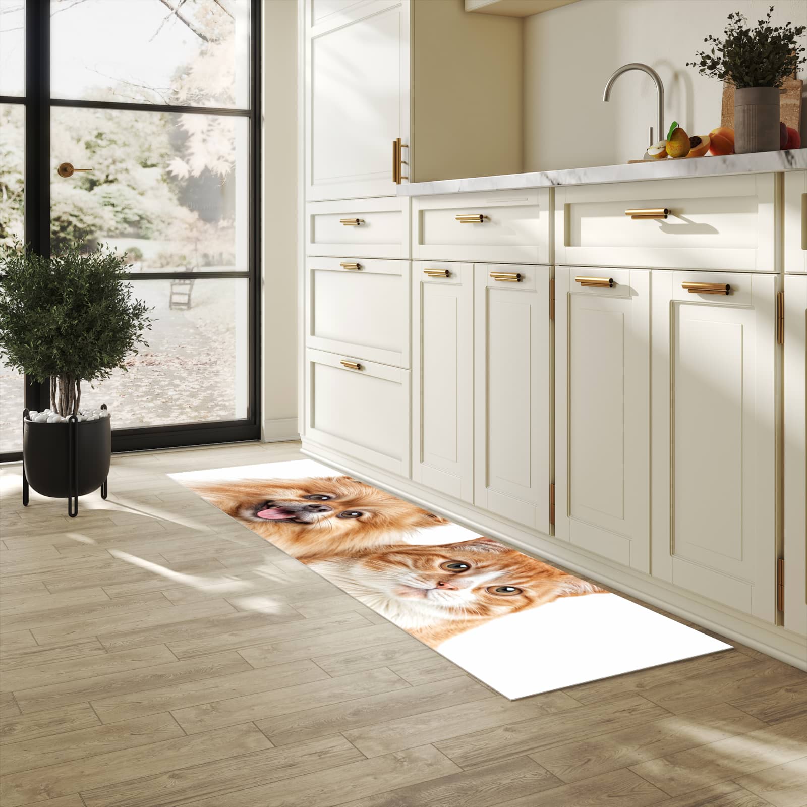 UV-beständiger Küchenläufer mit Motiv Hund und Katze in heller Küche