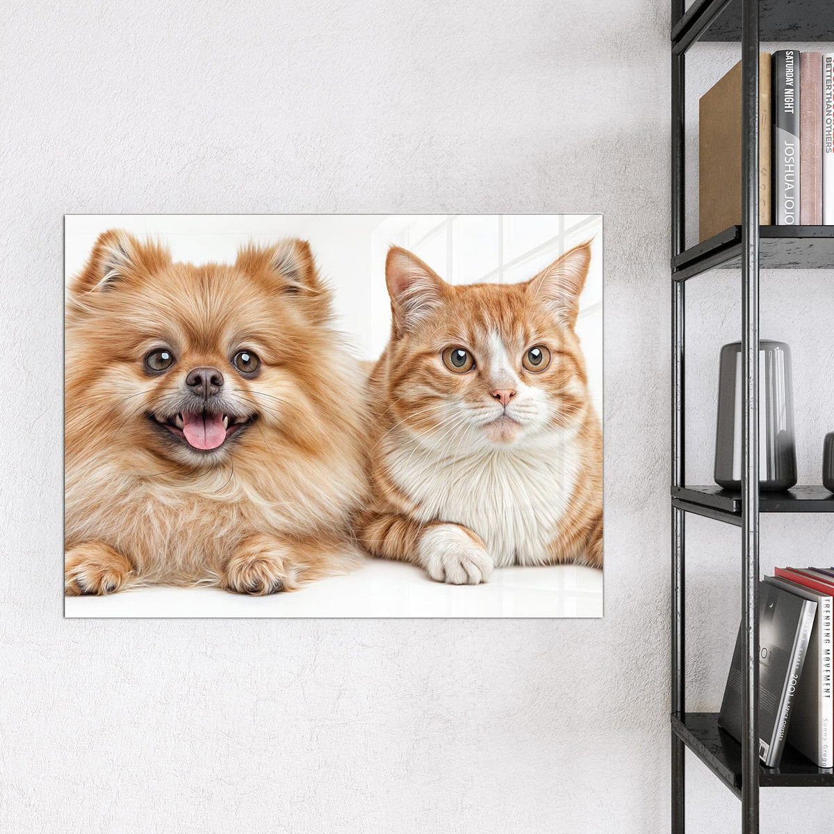 Glas Magnettafel - Spitz und Katze – Orange Katze neben kleinem Hund