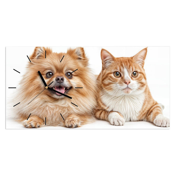 Wanduhr Hund und Katze aus Glas – Querformat 60 × 30 cm mit Ziffernblatt Linie