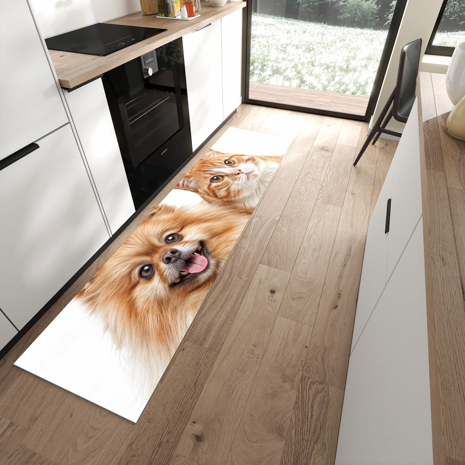 Strapazierfähiger Küchenläufer mit Motiv Hund und Katze in moderner Küche