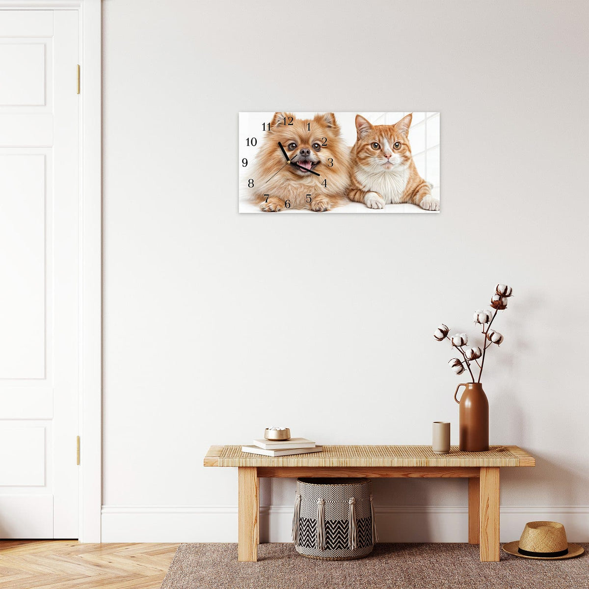 Moderne Wanduhr aus Glas mit Farbtiefe – Wanduhr Hund und Katze aus Glas – Querformat 60 × 30 cm