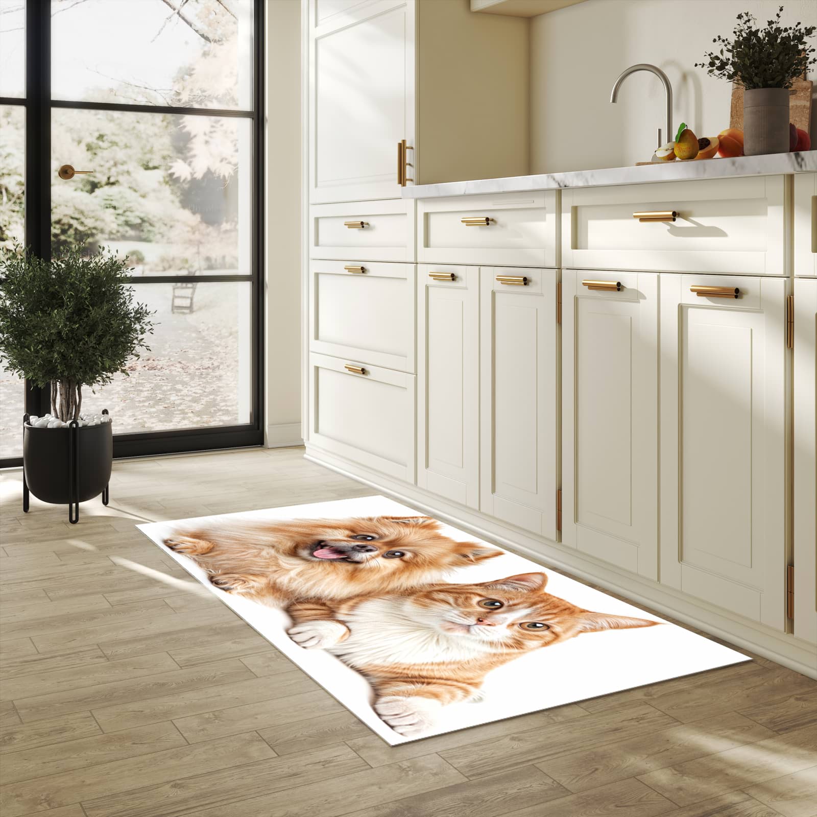 Pflegeleichter moderner Küchenläufer mit Motiv Hund und Katze in heller Küche