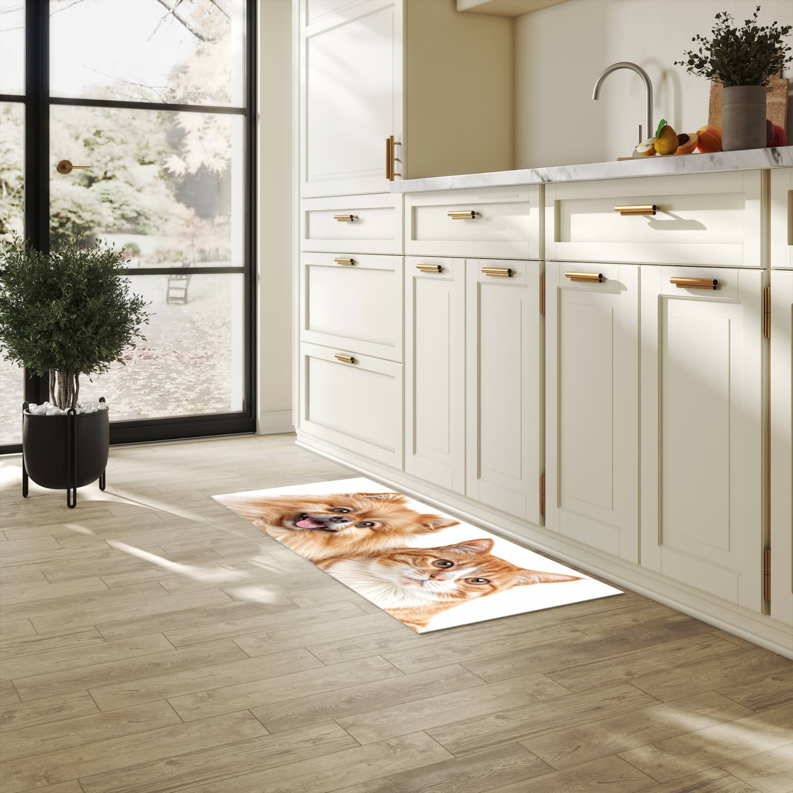Geräuschdämpfender rutschfester Küchenteppich mit Motiv Hund und Katze in heller Küche