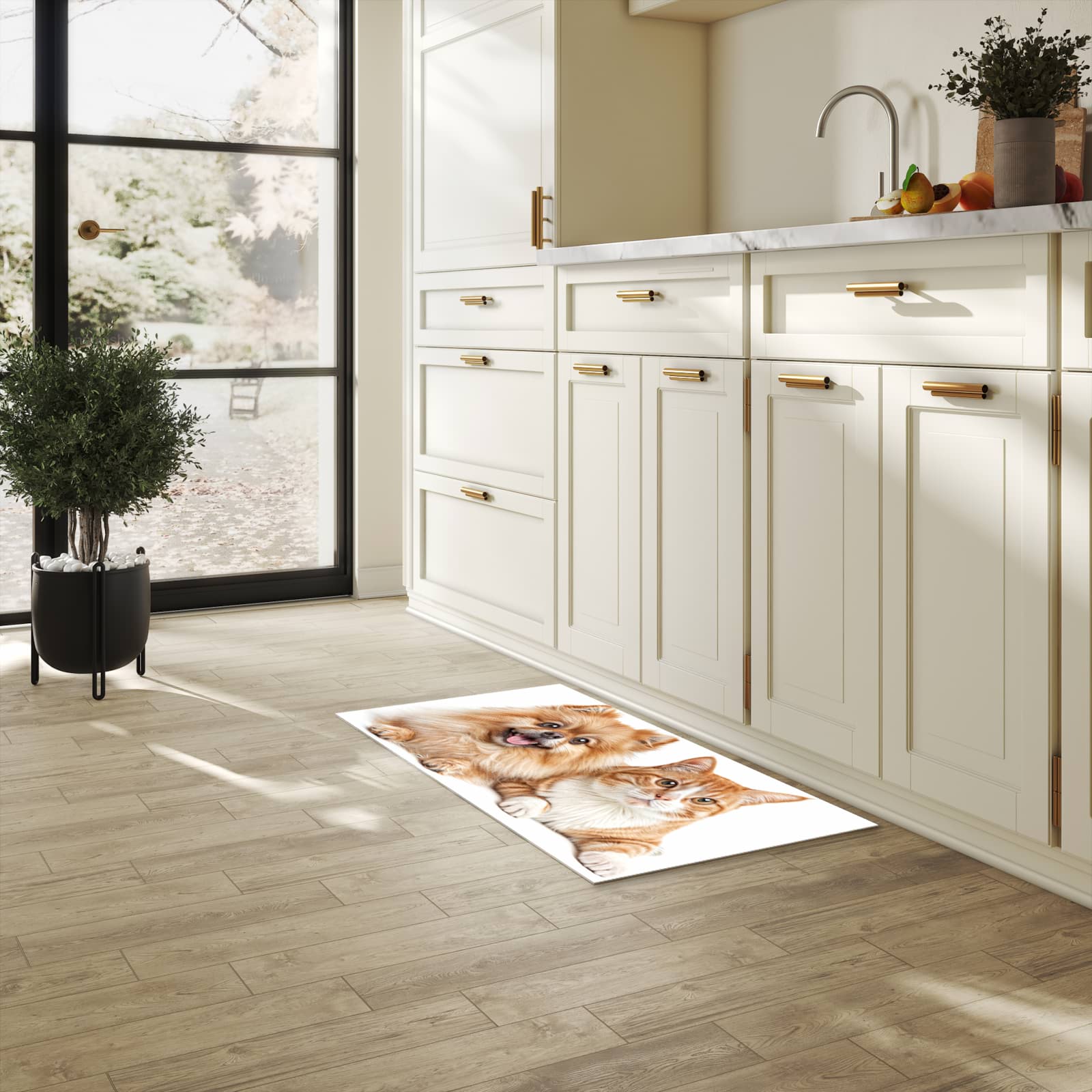 Zeitsparender großer Küchenteppich mit Motiv Hund und Katze in heller Küche