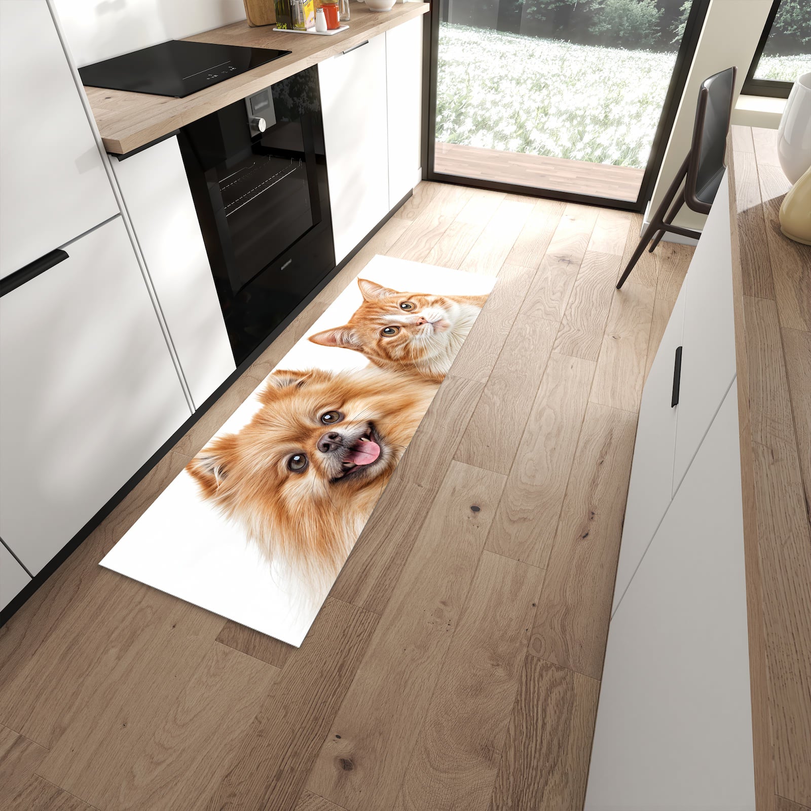 Hygienischer Küchenteppich mit Motiv Hund und Katze in moderner Küche - waschbar
