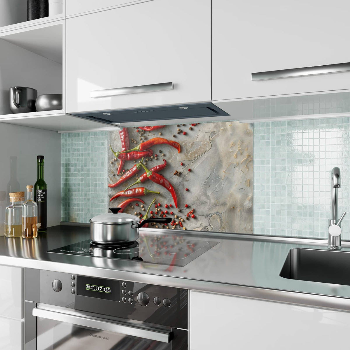 Küchenrückwand aus Glas Chilis mit Pfeffer im Hochformat als Spritzschutz hinter dem Kochfeld, über dem Fliesenspiegel montiert