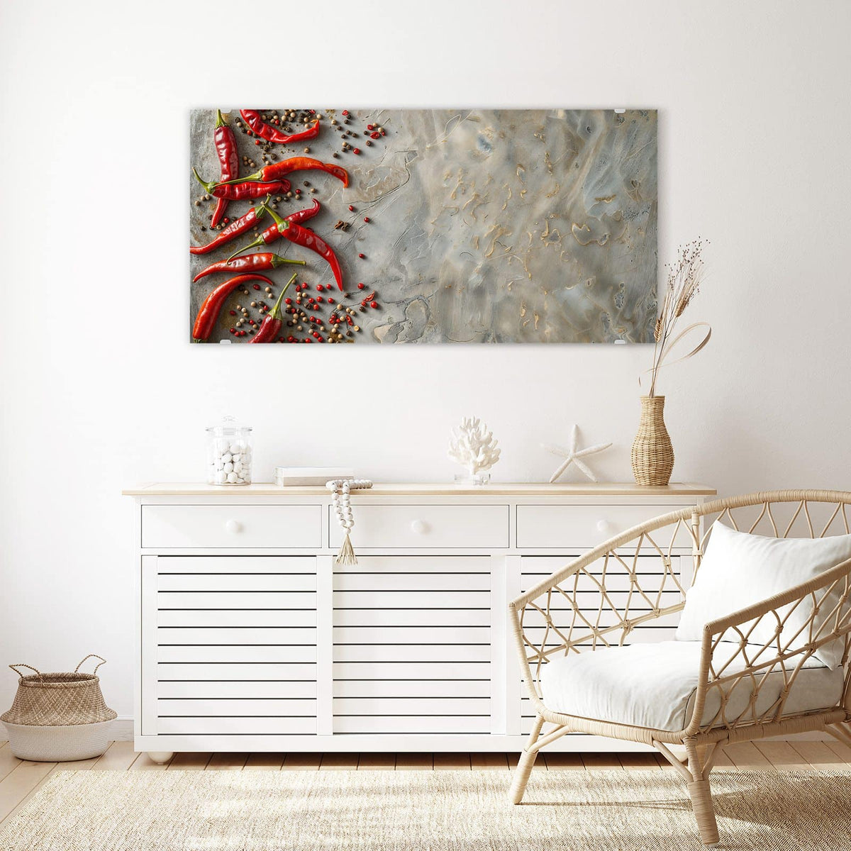 Echtglas, 4 mm – kein Acryl, keine Folie – Wandbild - Chilis mit Pfeffer - Querformat