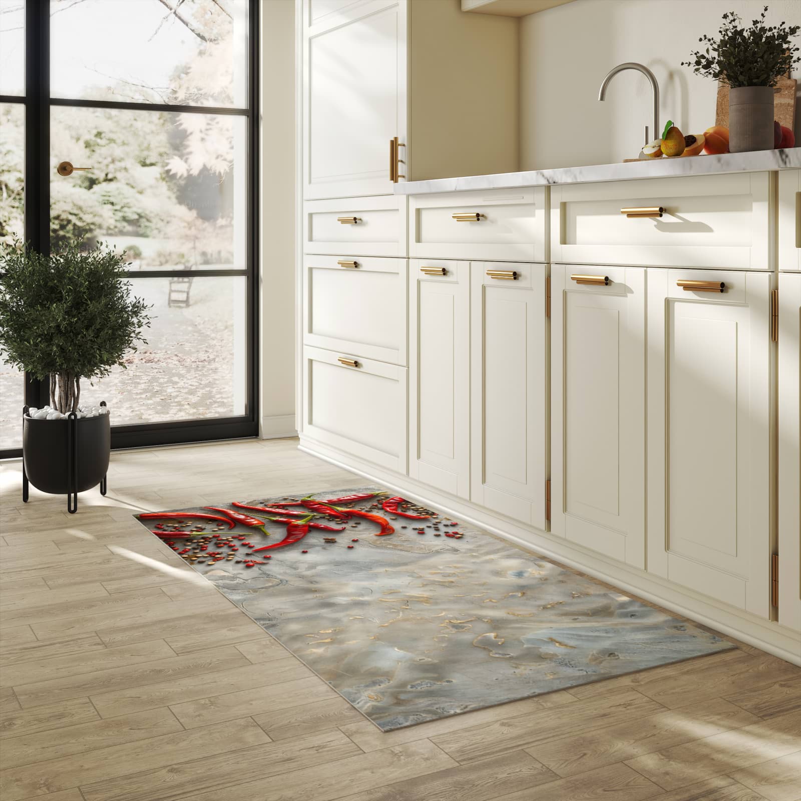 Formstabiler waschbarer Küchenteppich mit Motiv Chili Schoten in heller Küche