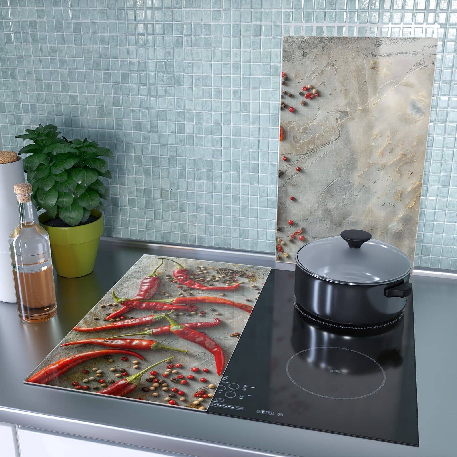2-teilige Herd Schutzplatte mit Chili Schoten-Motiv als Spritzschutz hinter dem Kochfeld