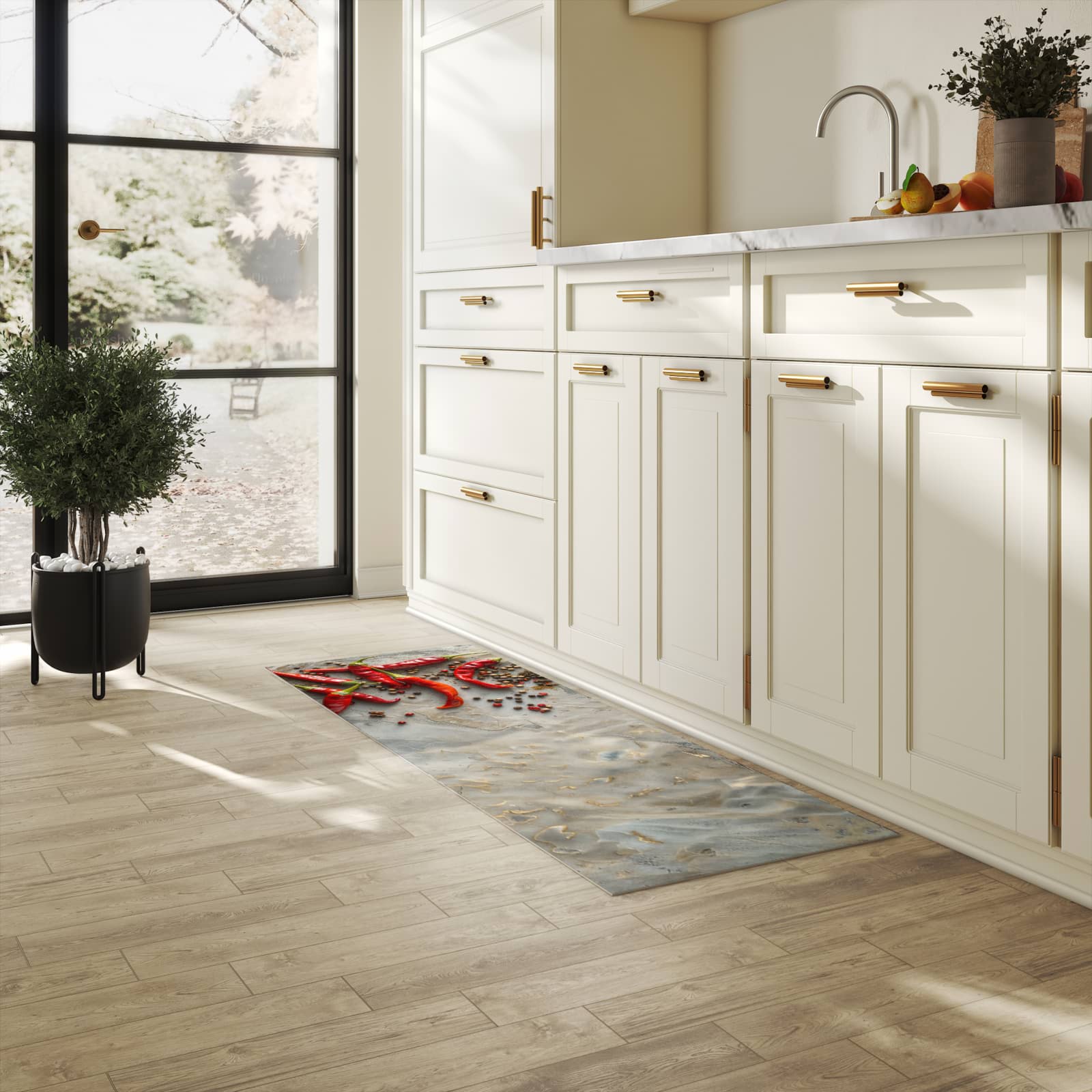 Strapazierfähiger Teppich für Esstisch mit Motiv Chili Schoten in heller Küche