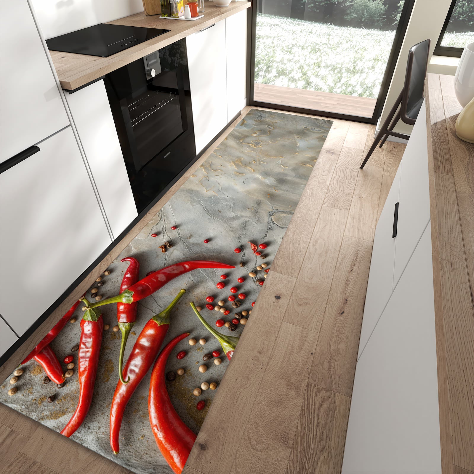 Pflegeleichter Läufer für die Küche mit Motiv Chili Schoten in moderner Küche