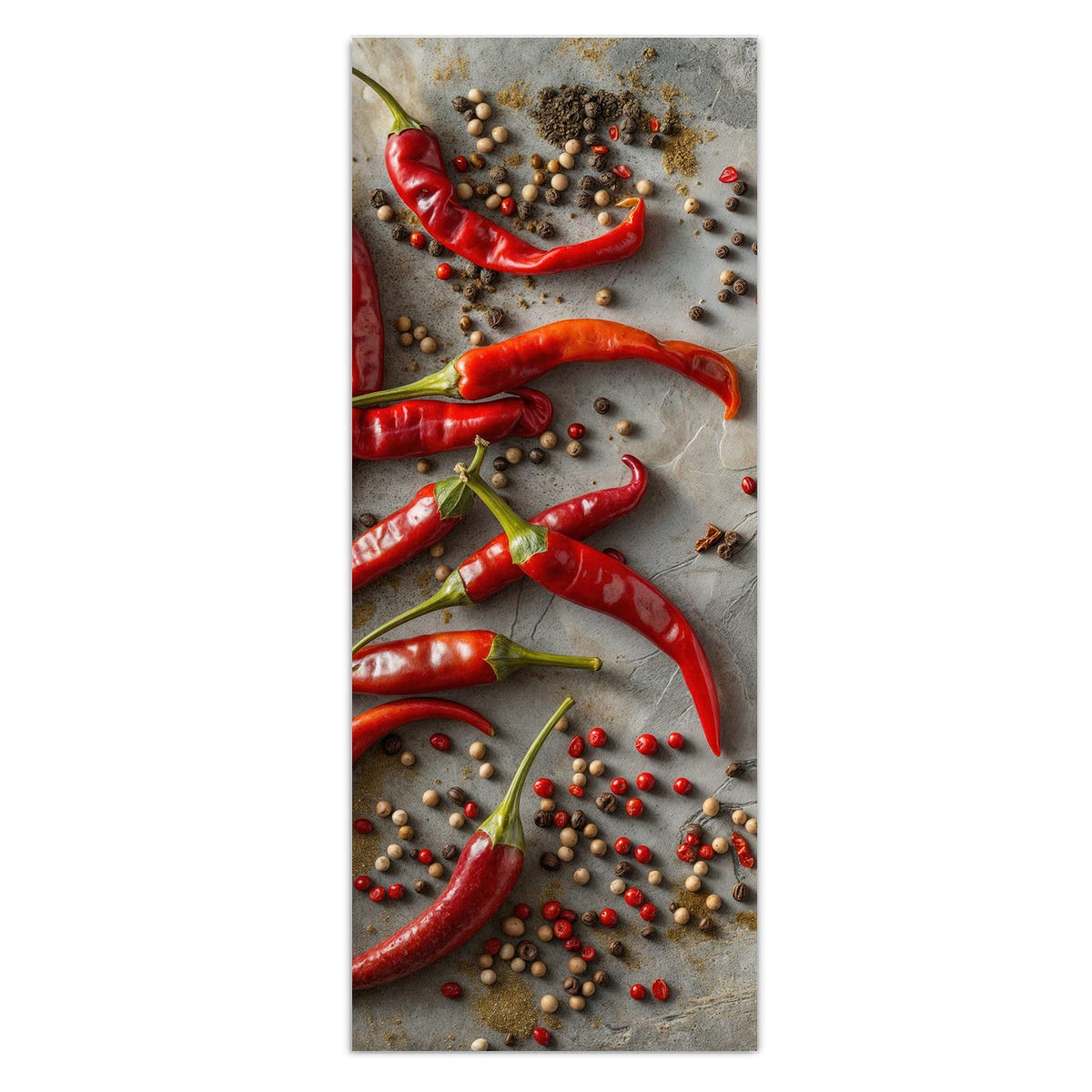 Wandbild - Chilis mit Pfeffer - Hochformat – Rote Chilis zwischen bunten Pfefferkörnern