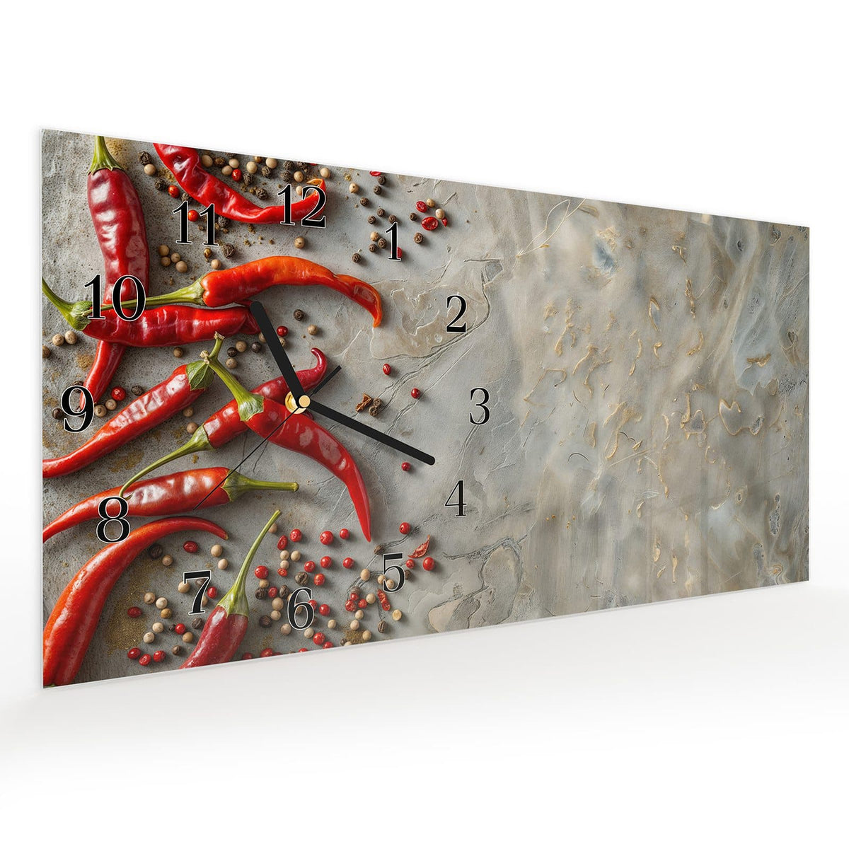 Vormontiert – mit Schwebeeffekt – Wanduhr Chili Schoten aus Glas – Querformat 60 × 30 cm