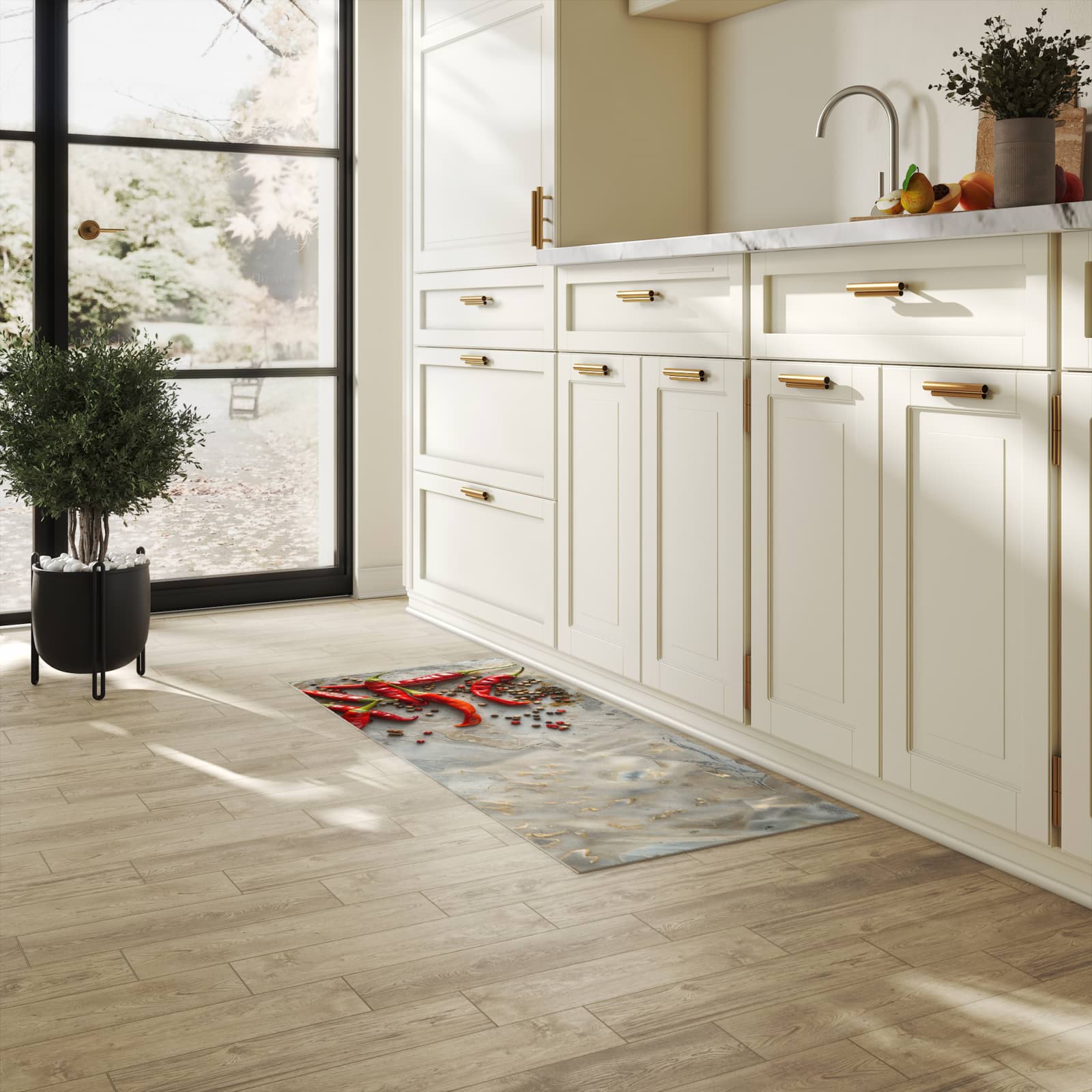 Hygienischer Teppich fürs Esszimmer mit Motiv Chili Schoten in heller Küche