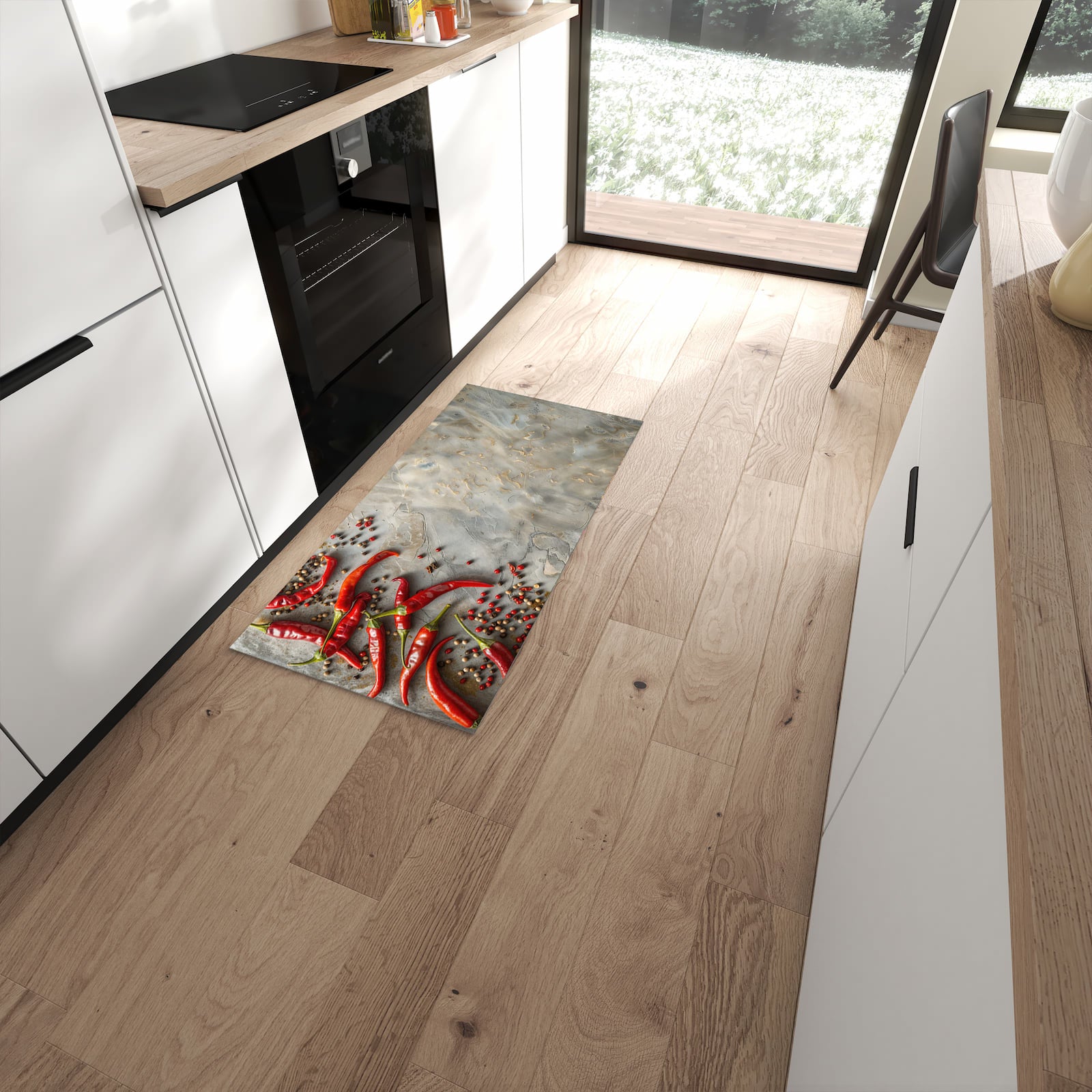 Geräuschdämpfender abwaschbarer Küchenläufer mit Motiv Chili Schoten in moderner Küche #grösse_60 x 120 cm