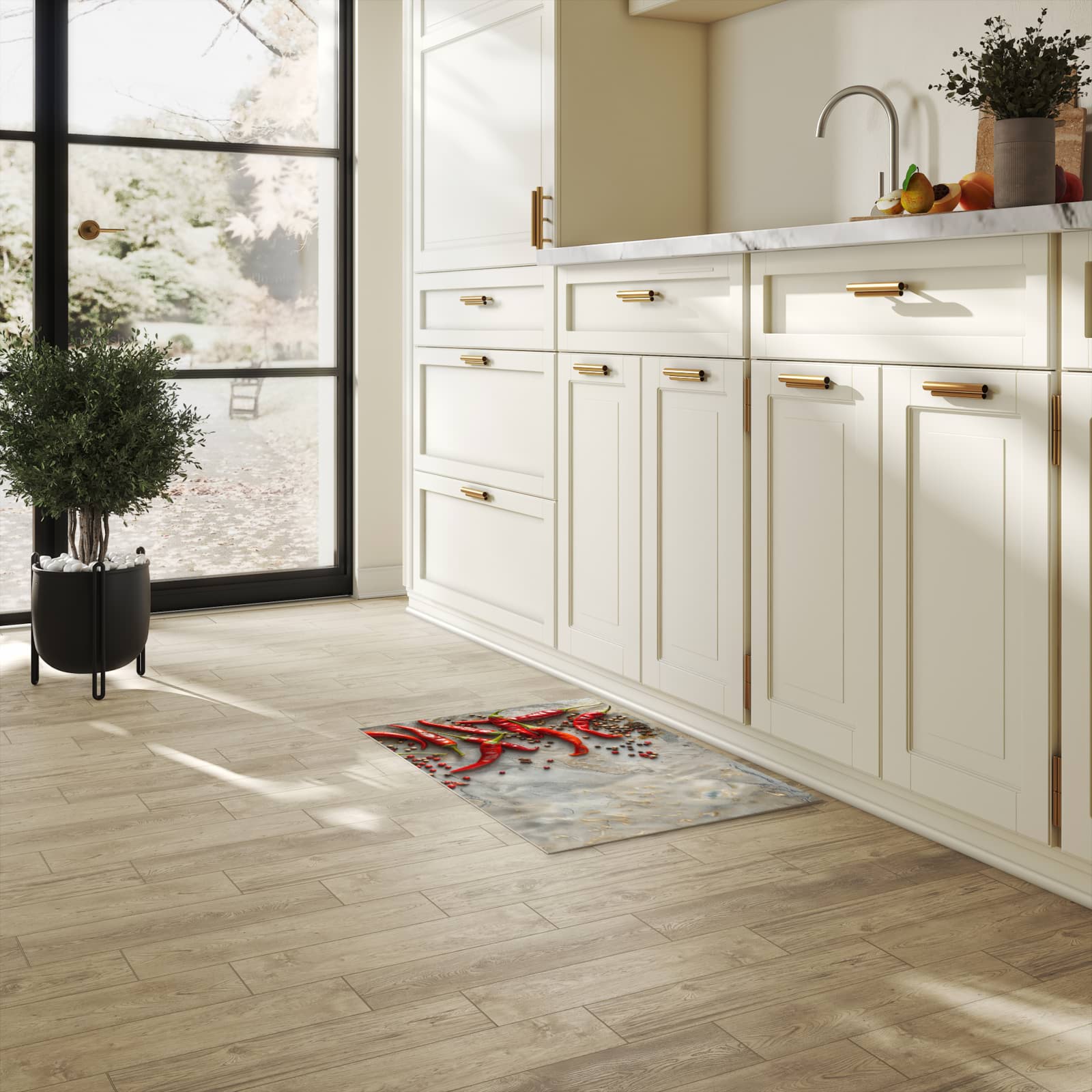 Feuchtigkeitsresistenter Küchenteppich mit Motiv Chili Schoten in heller Küche