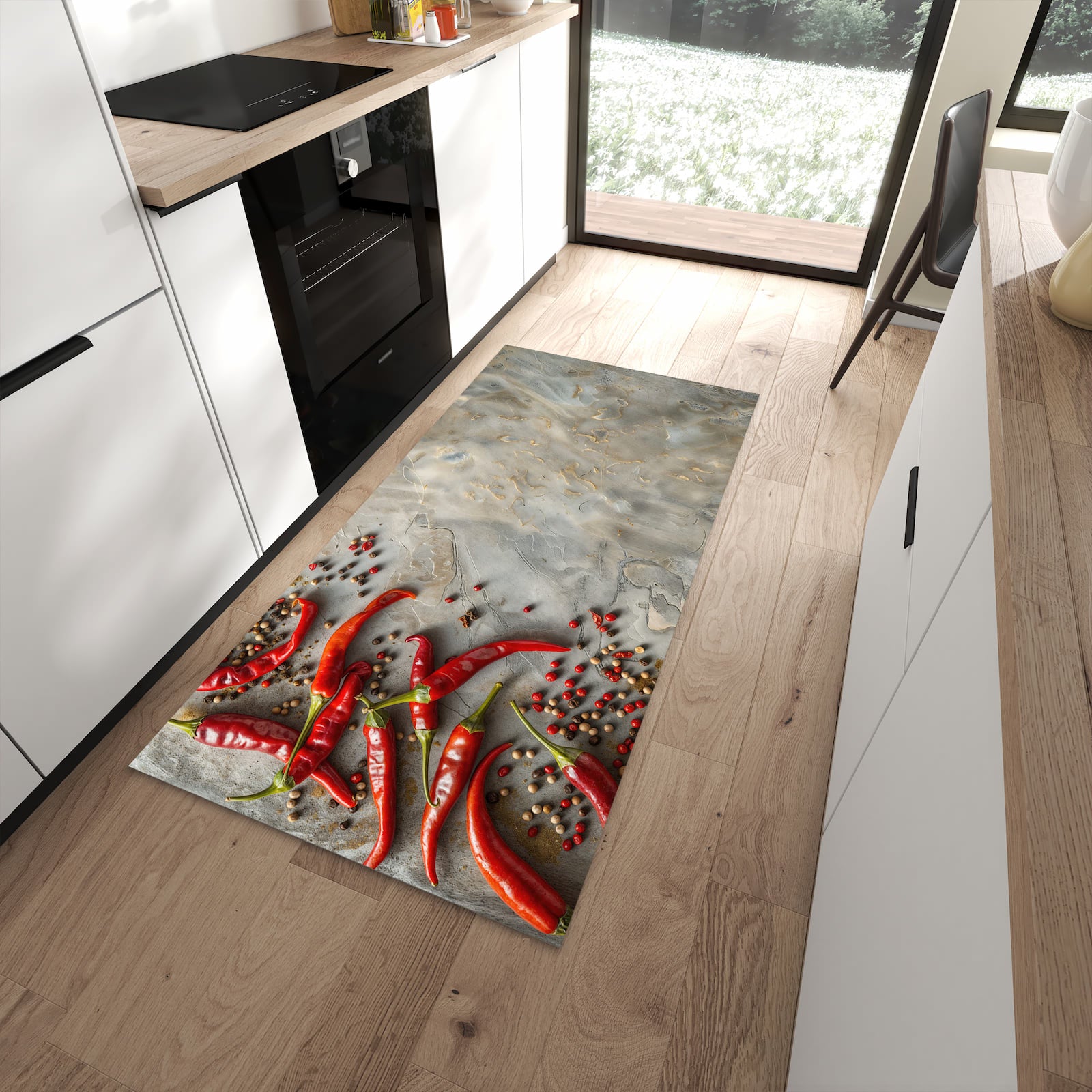 Komfortabler Küchenläufer mit Motiv Chili Schoten in moderner Küche
