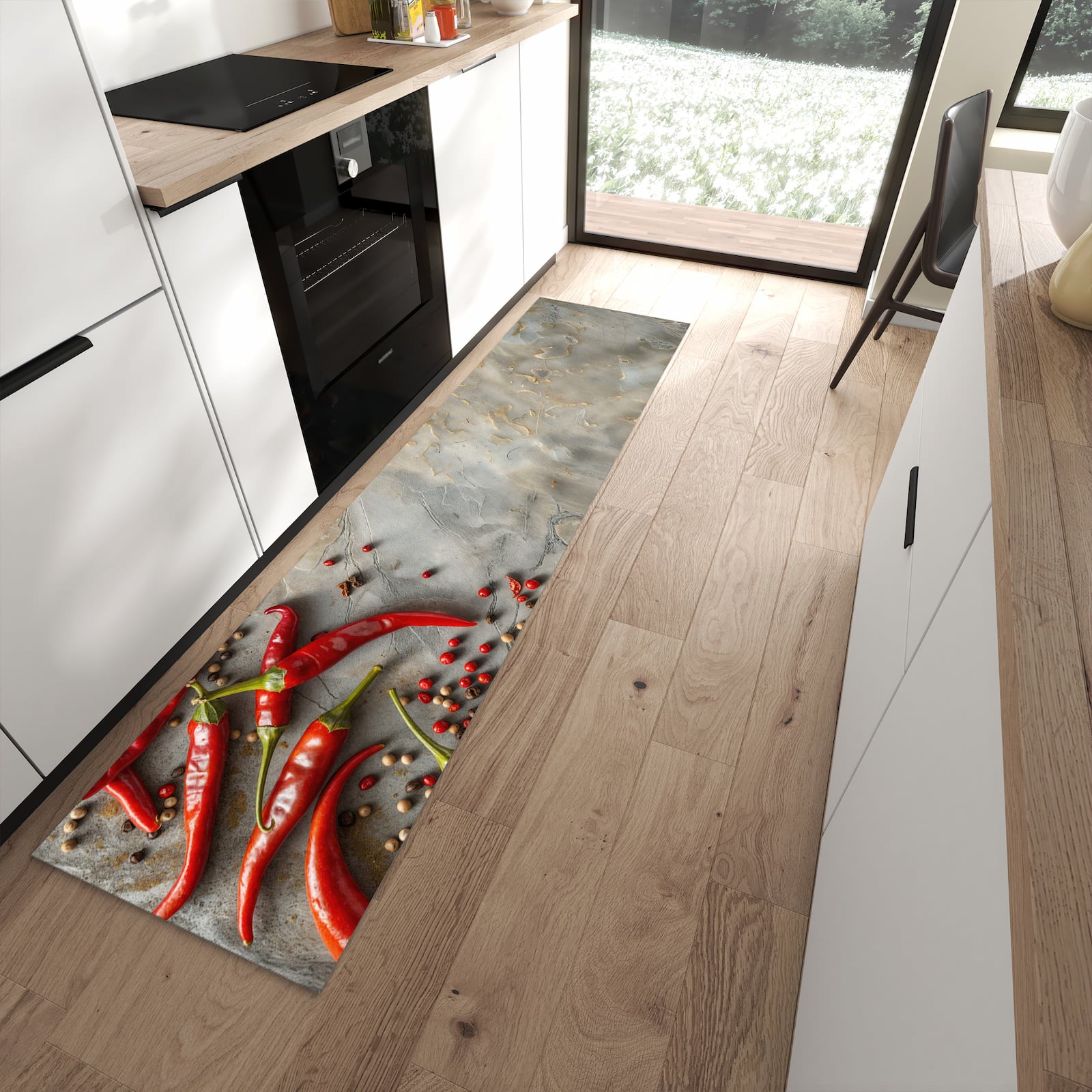 Komfortabler Küchenteppich mit Motiv Chili Schoten in moderner Küche