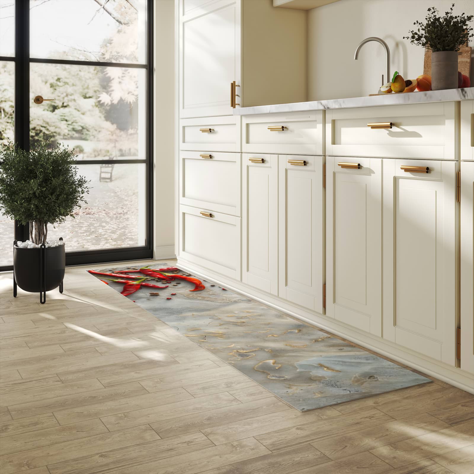 Langlebiger Bodenläufer mit Motiv Chili Schoten in heller Küche