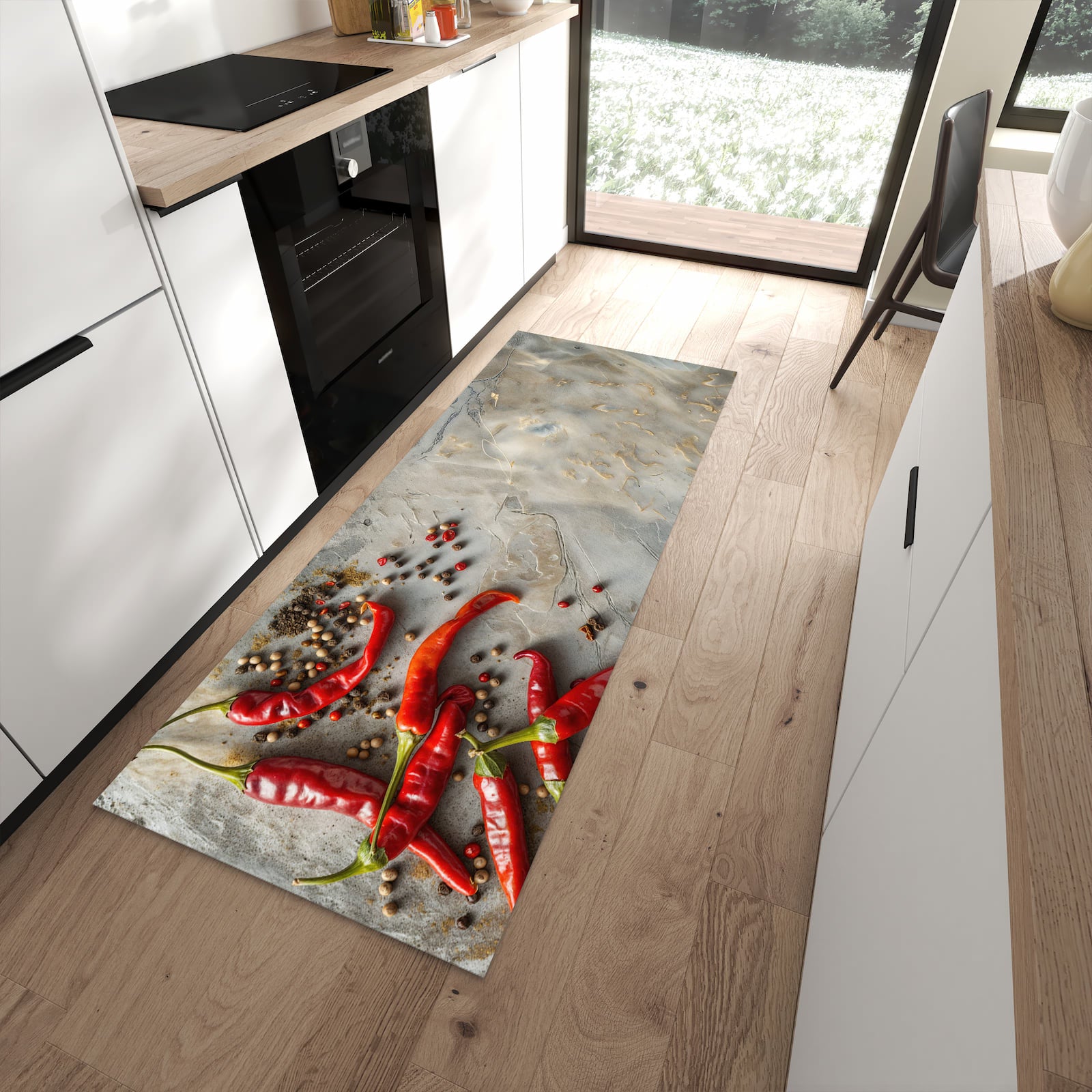 Geruchsneutraler Küchenteppich mit Motiv Chili Schoten in moderner Küche