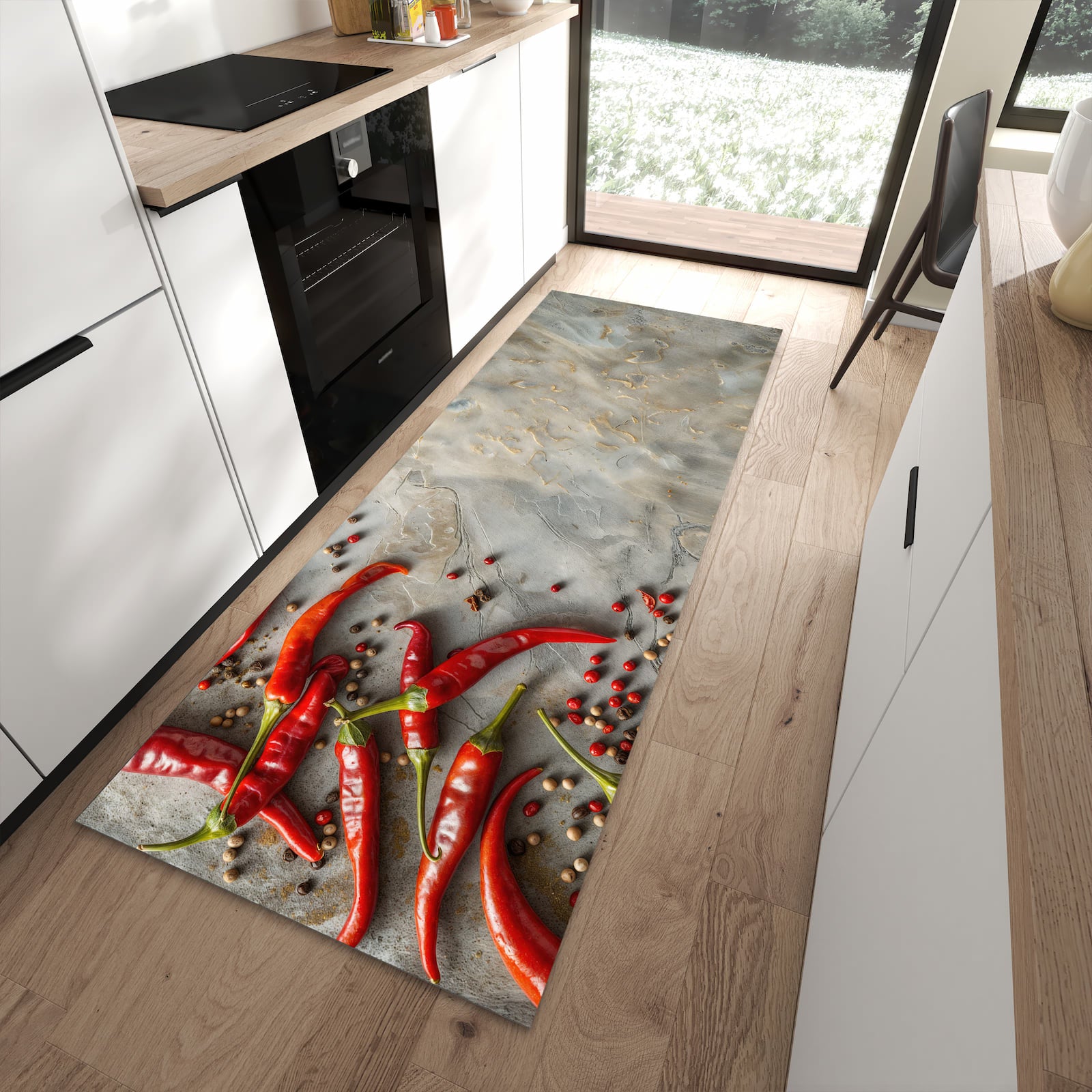 Rutschfester Küchenläufer mit Motiv Chili Schoten in moderner Küche