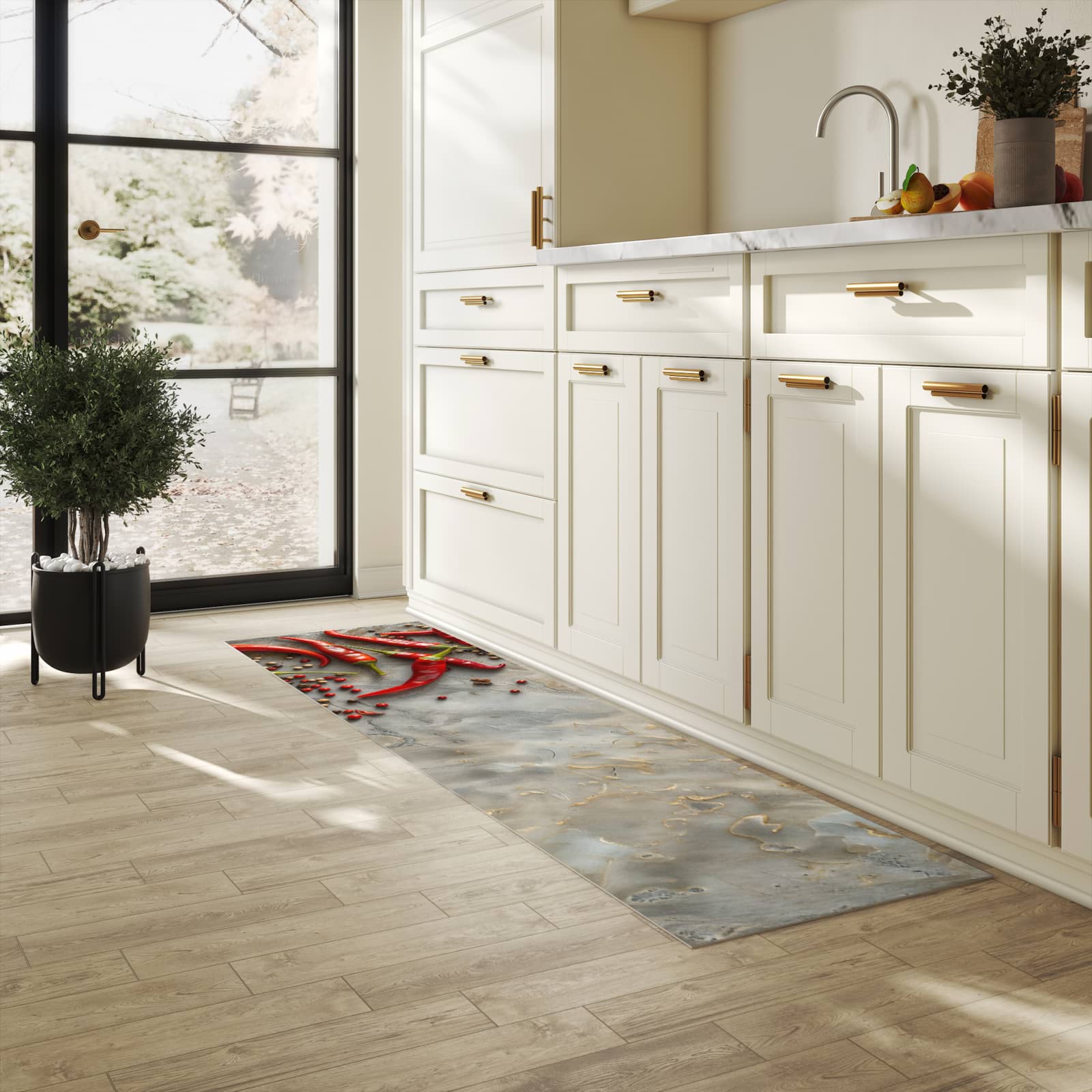 Waschbarer rutschfester Küchenteppich mit Motiv Chili Schoten in heller Küche