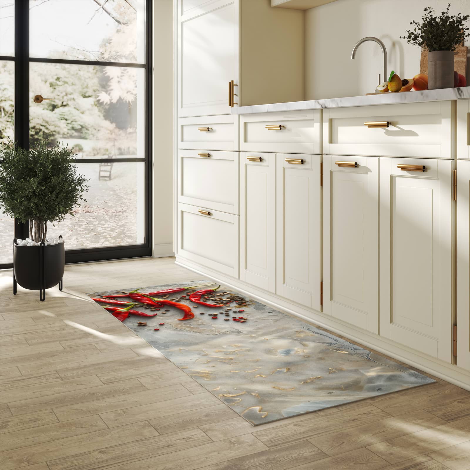 Bodenschonender Küchenteppich mit Motiv Chili Schoten in heller Küche