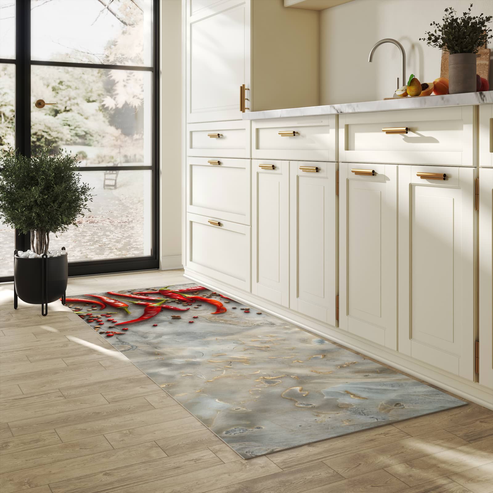 Waschbarer Küchenteppich mit Motiv Chili Schoten in heller Küche für sichere Aufbewahrung