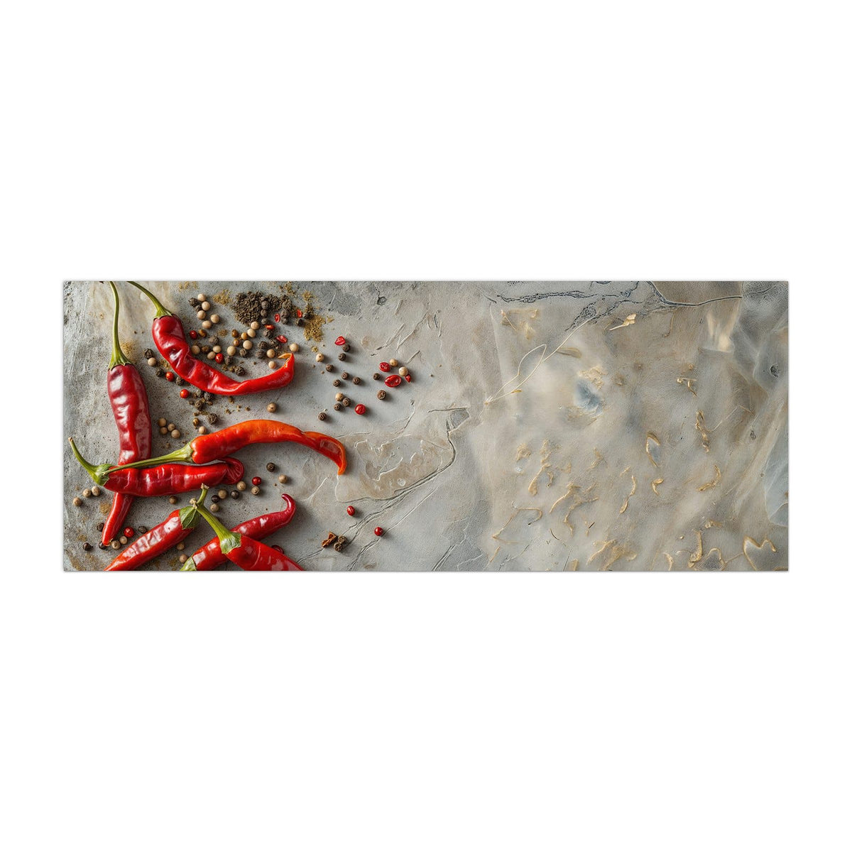 Küchenrückwand aus Glas Chilis mit Pfeffer im Hochformat, Motiv bildfüllend von vorn