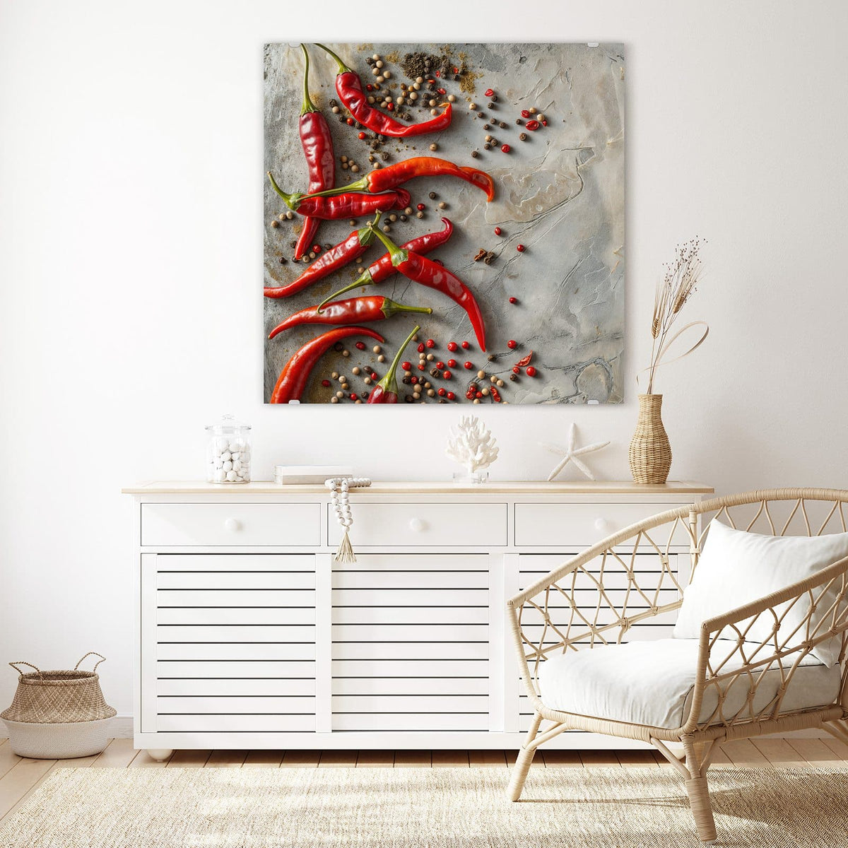 Echtglas, 4 mm – kein Acryl, keine Folie – Wandbild - Chilis mit Pfeffer - Quadratisch